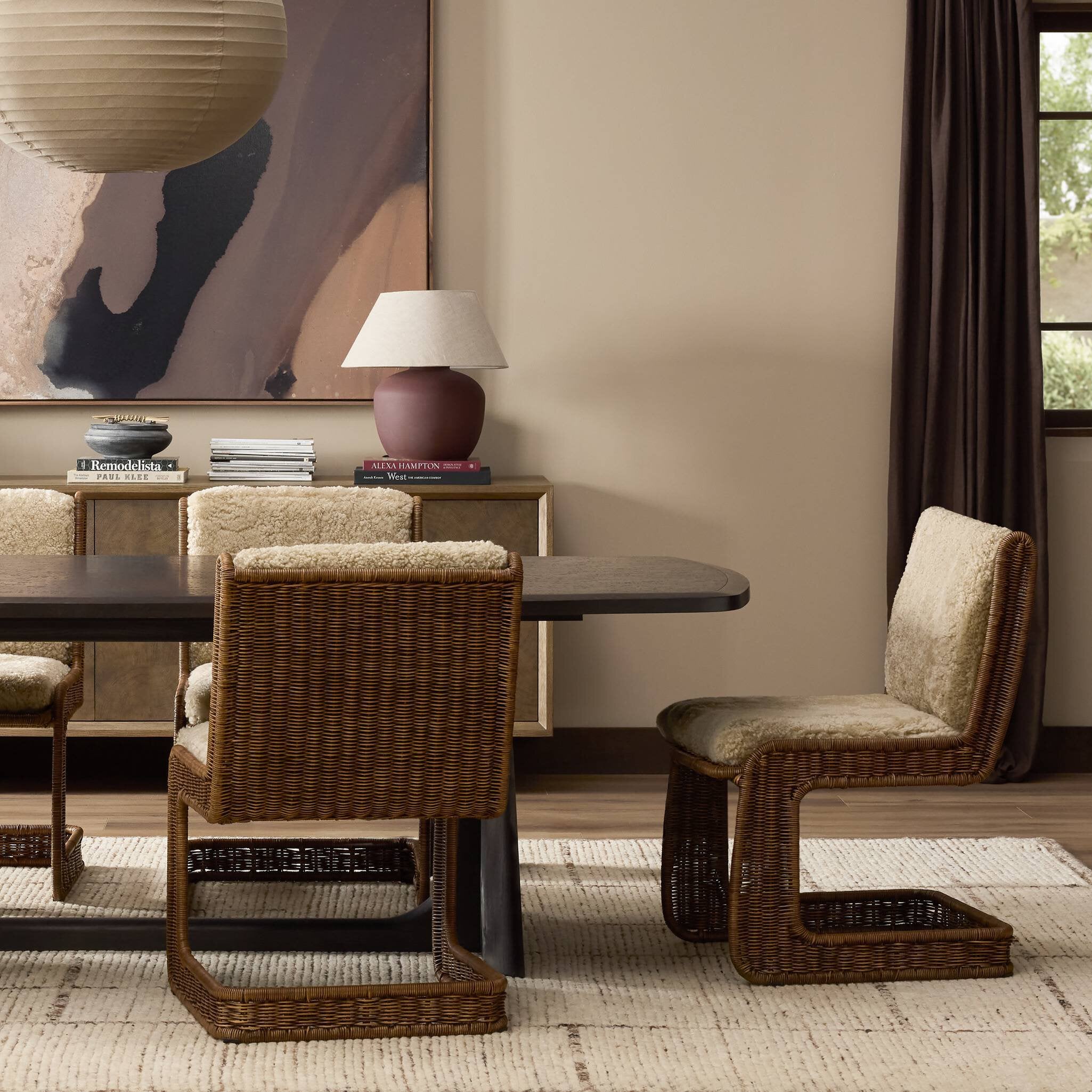 Four Hands Katrine Beige Shorn Shearling Dining Chair - styled room setting