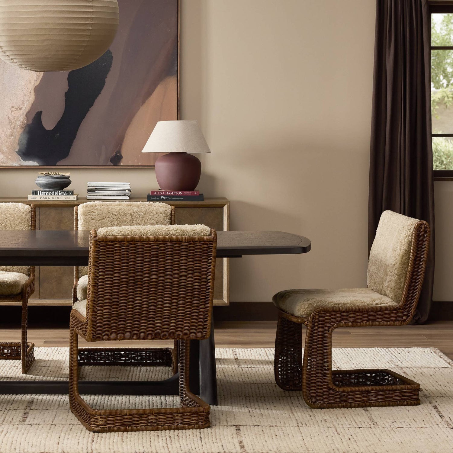 Four Hands Katrine Beige Shorn Shearling Dining Chair - styled room setting
