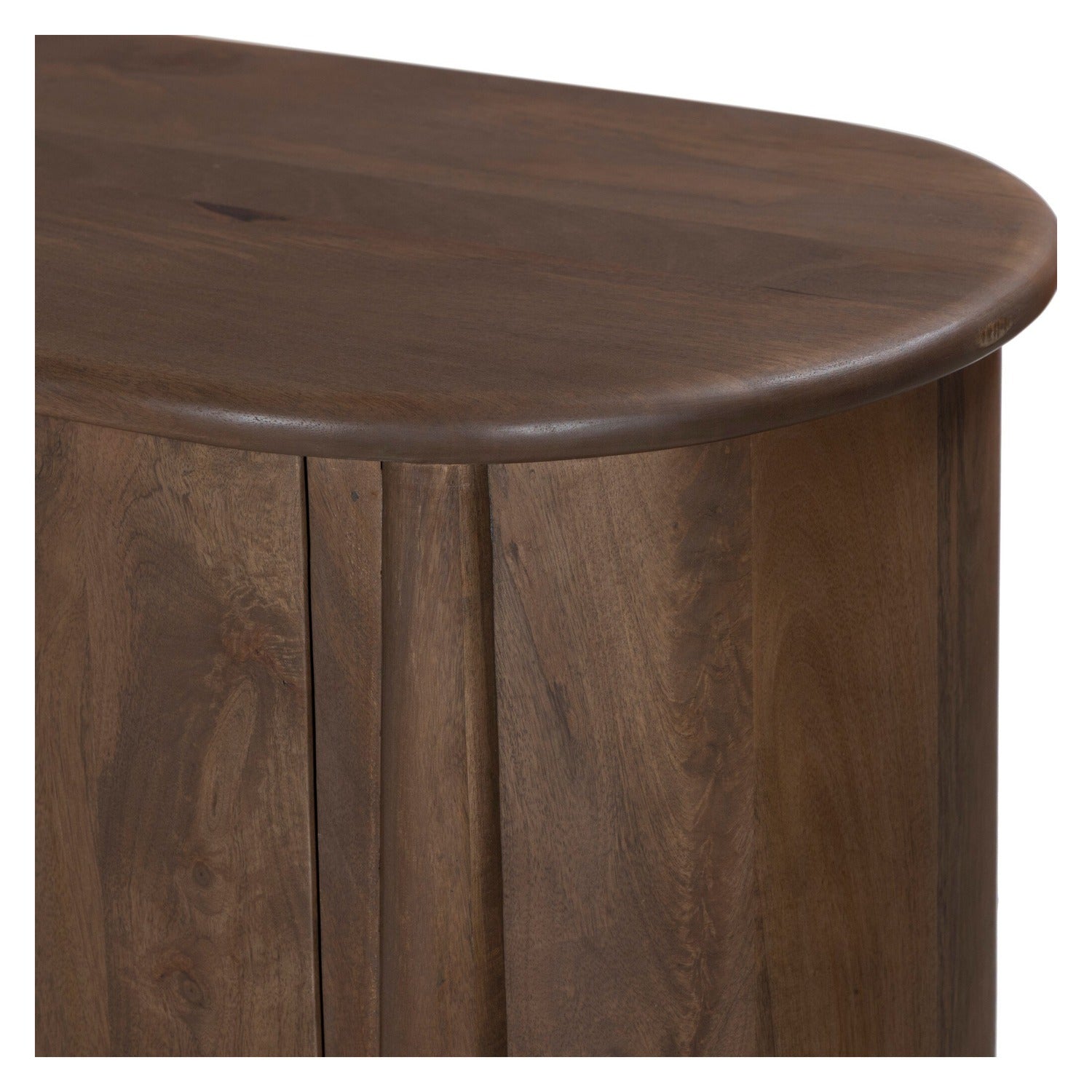 Four Hands Tindra Washed Taupe Sideboard in curved solid mango with tapered legs, close-up detail of mango grain, view 2