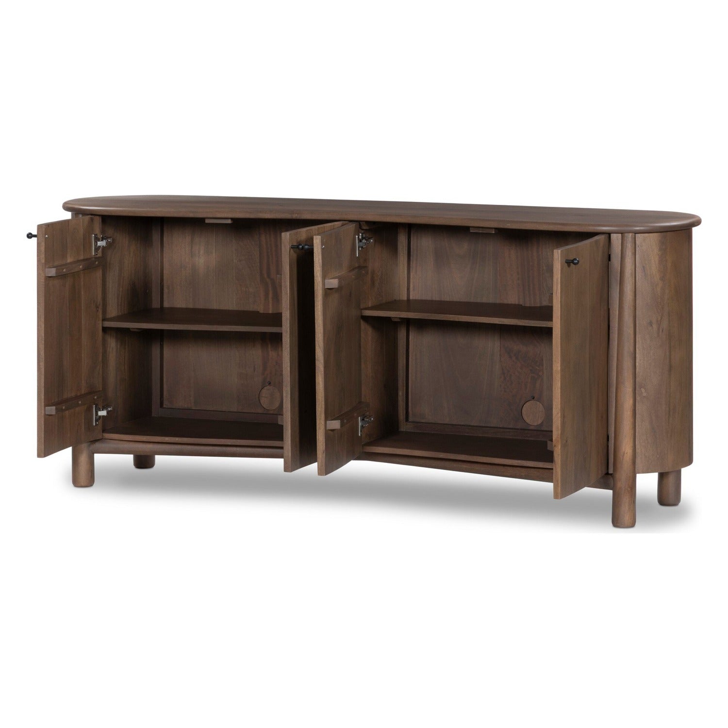 Four Hands Tindra Washed Taupe Sideboard in curved solid mango with tapered legs, doors open interior view