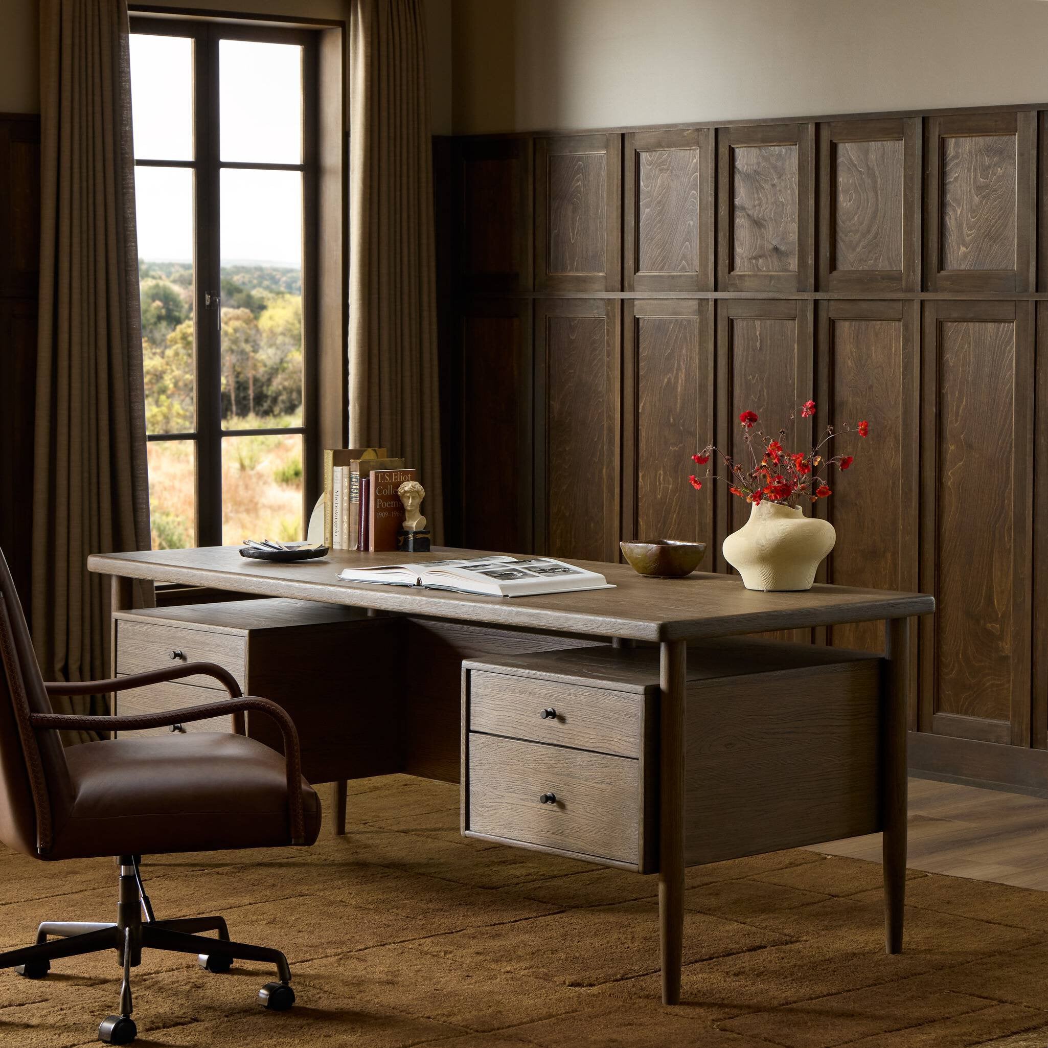 Four Hands Archer Toasted Brown Oak Desk styled room setting