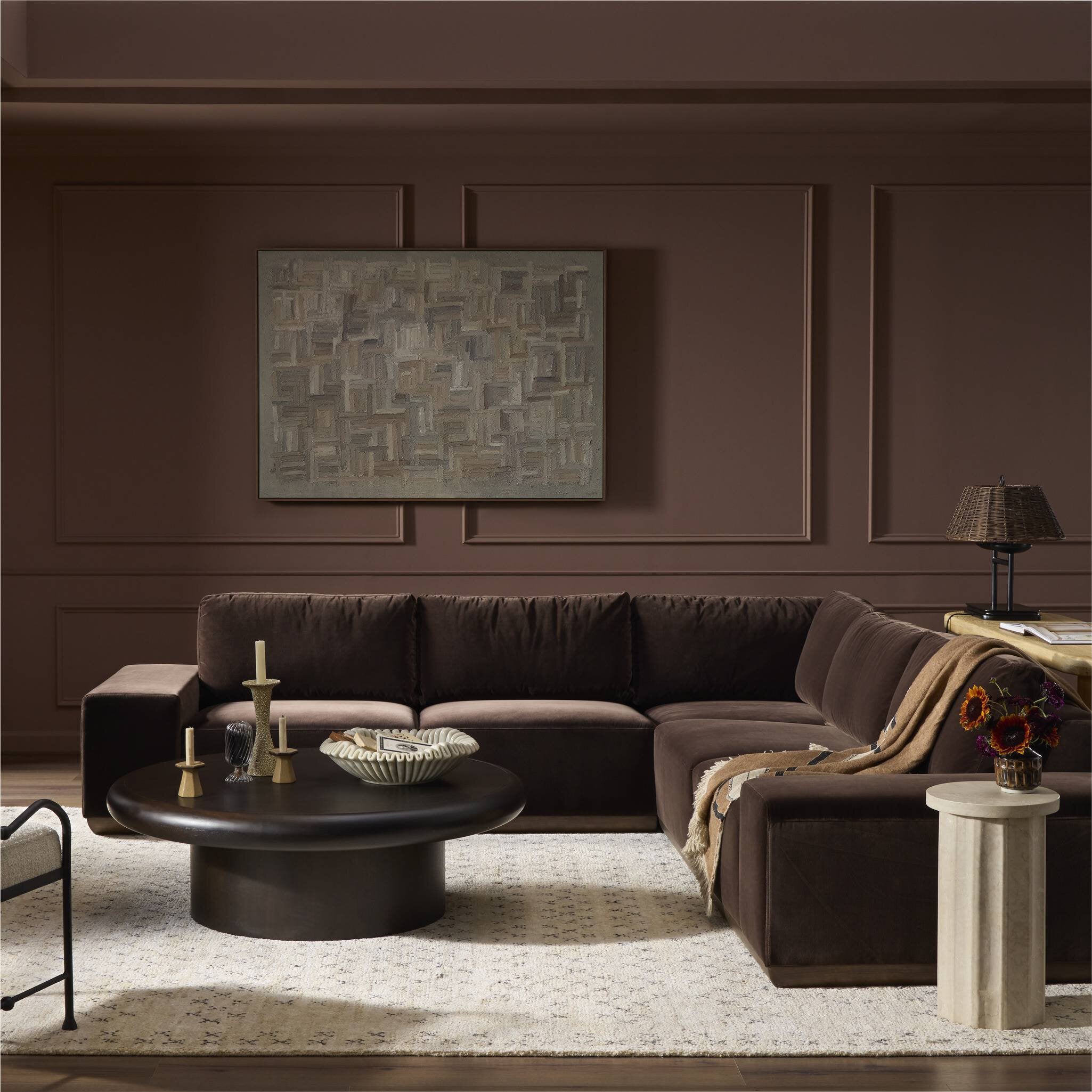 Four Hands Isaiah Surrey Cocoa 3 Piece Sectional Sofa styled room setting