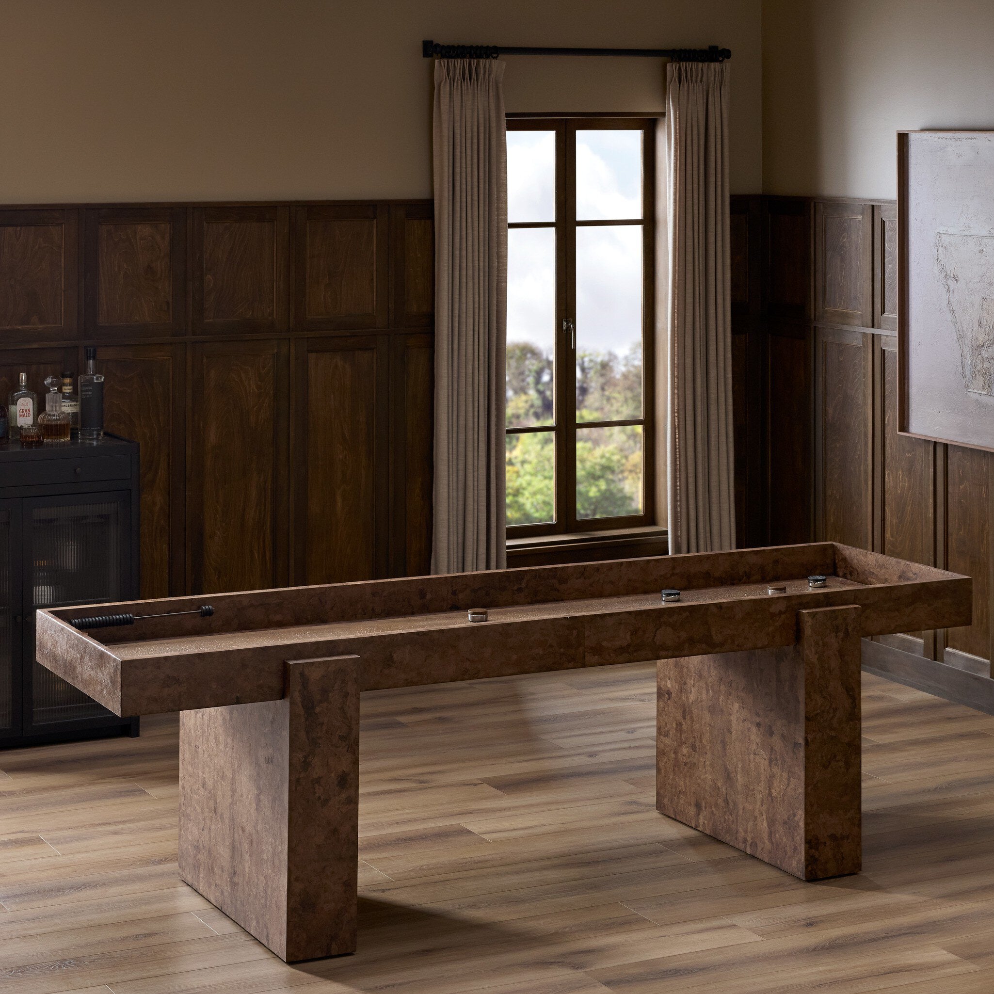 Four Hands Brote Dark Bark Paper Shuffleboard Table styled room setting