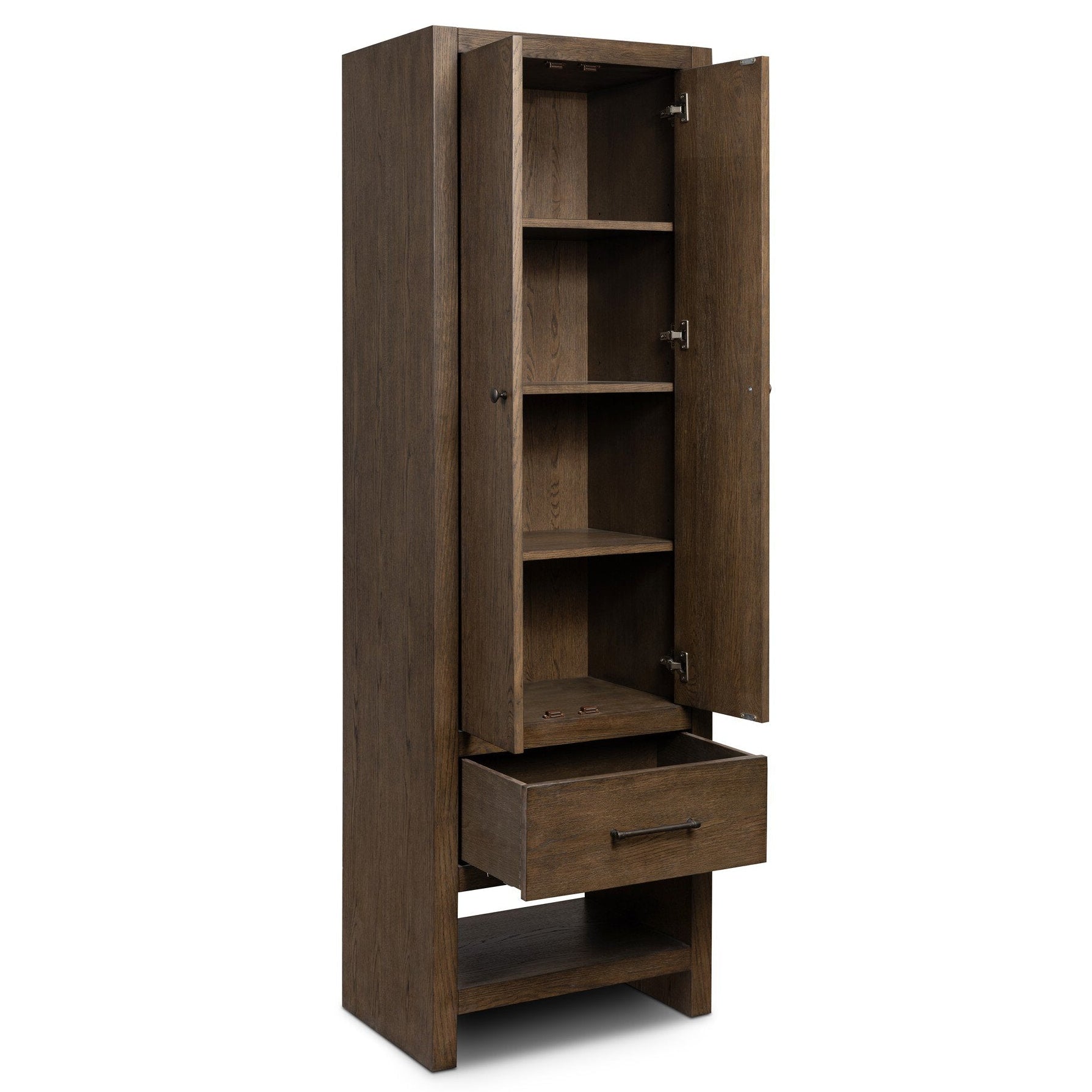 Four Hands Anthem Satin Espresso Oak Bath Storage shown with doors open
