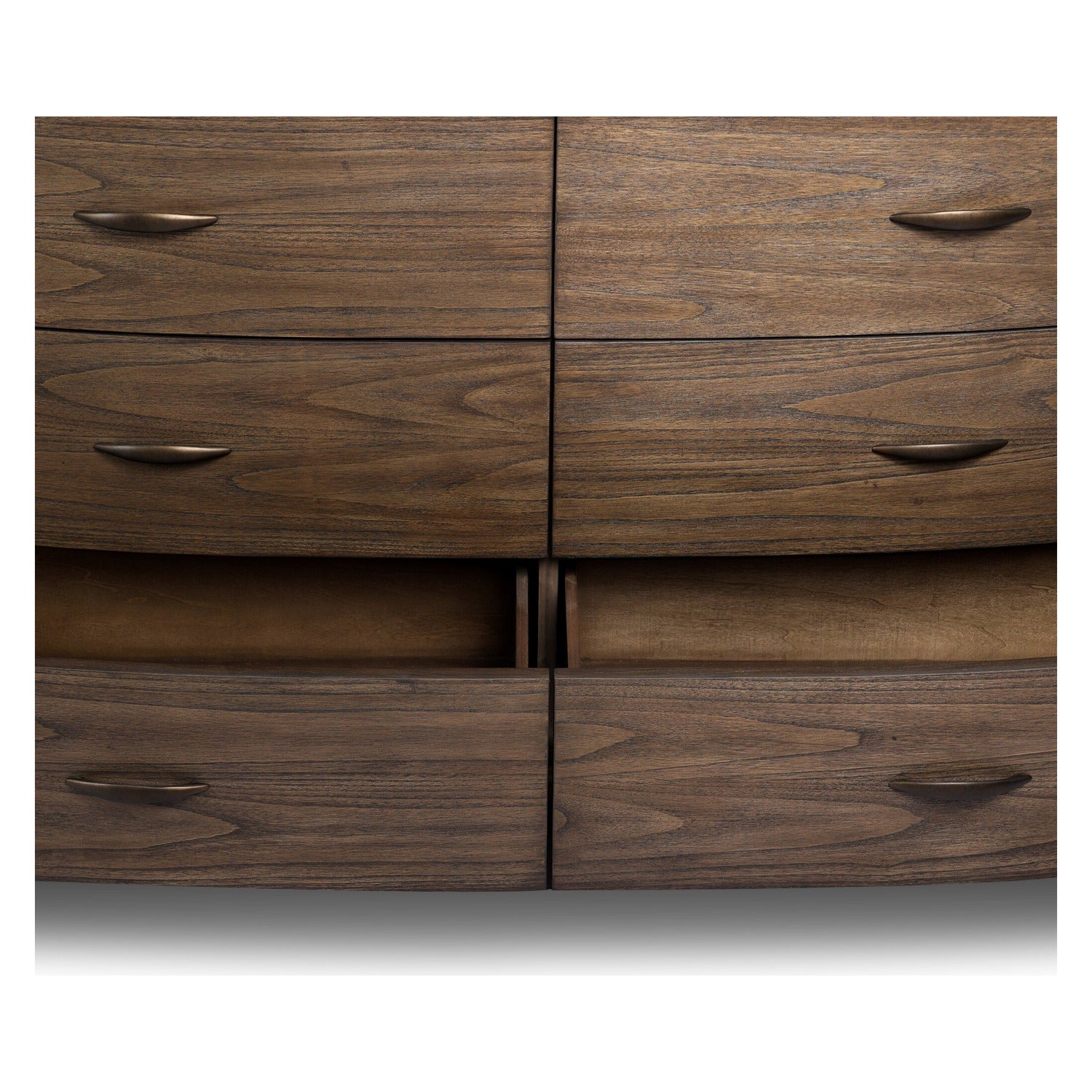 Four Hands Tovae Stained Saddle Brown Dresser with honed coffee marble top, close-up detail of sungkai grain, view 2