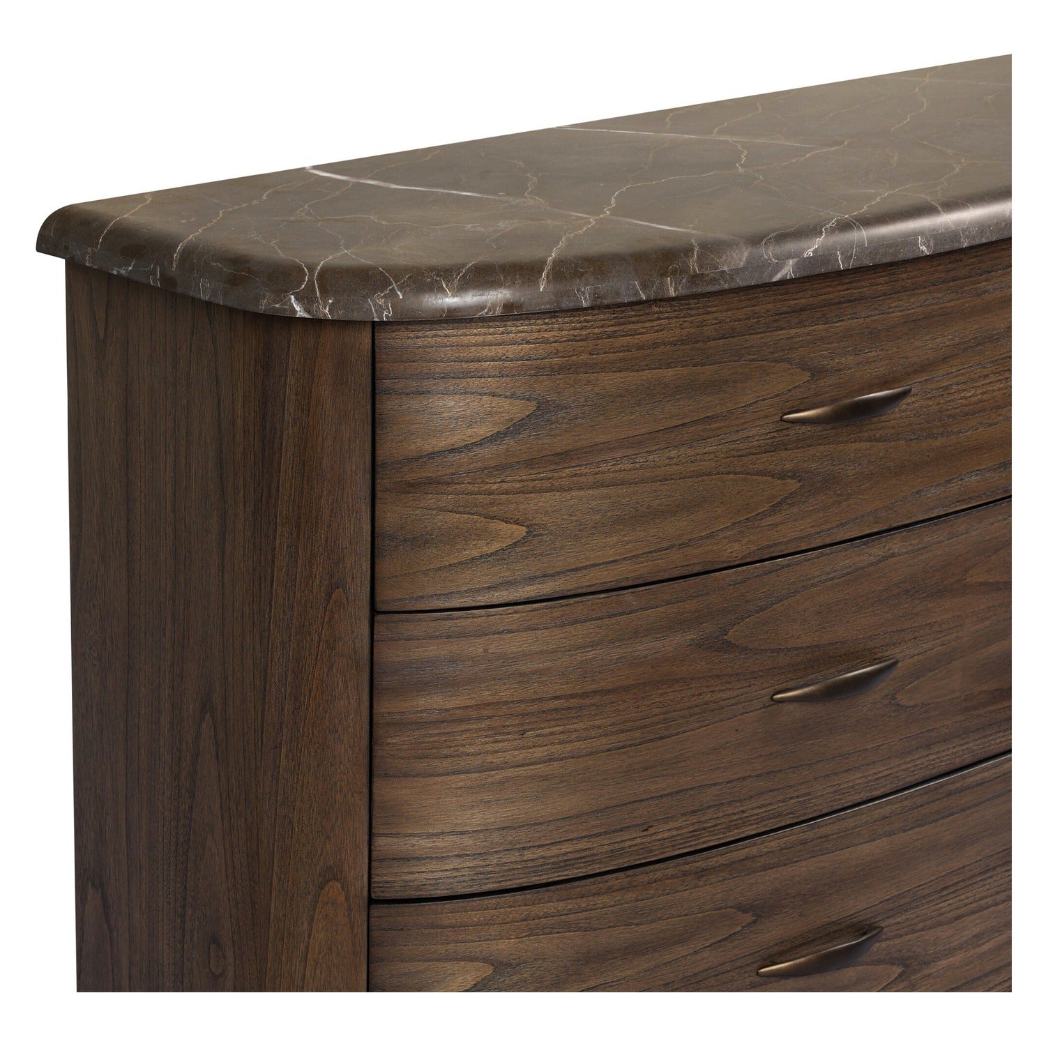 Four Hands Tovae Stained Saddle Brown Dresser with honed coffee marble top, close-up detail of marble top, view 1