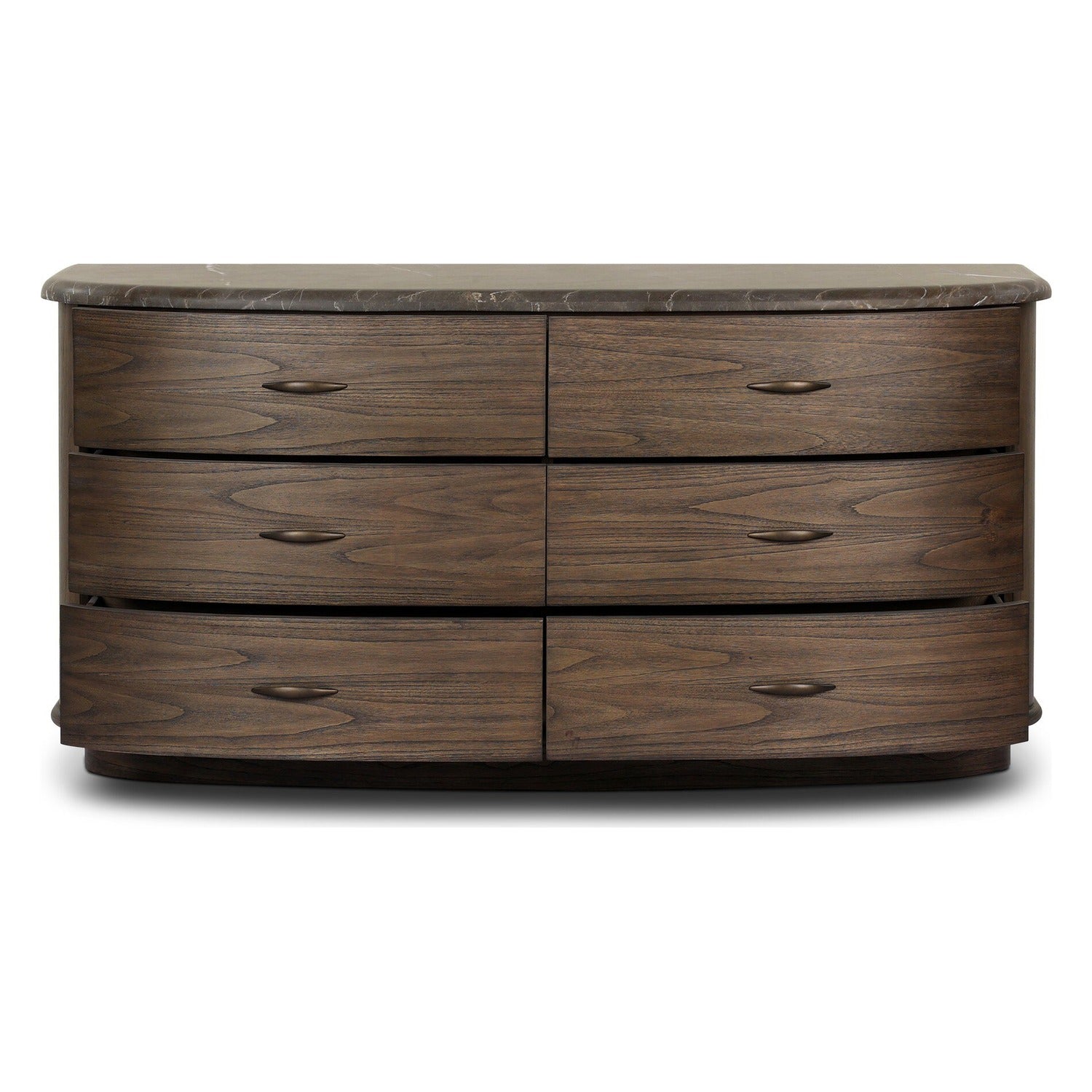 Four Hands Tovae Stained Saddle Brown Dresser with honed coffee marble top, bottom drawers open view