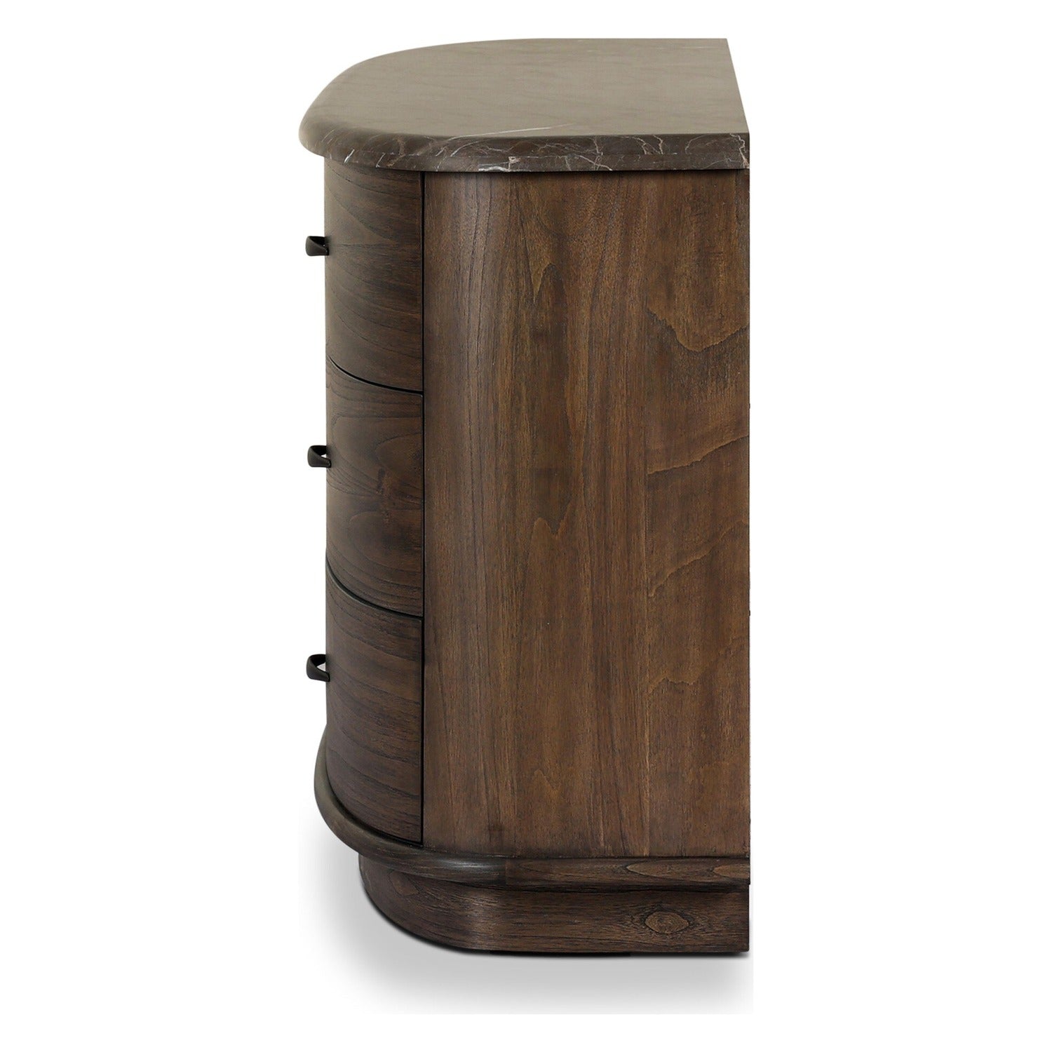 Four Hands Tovae Stained Saddle Brown Dresser with honed coffee marble top, side profile view