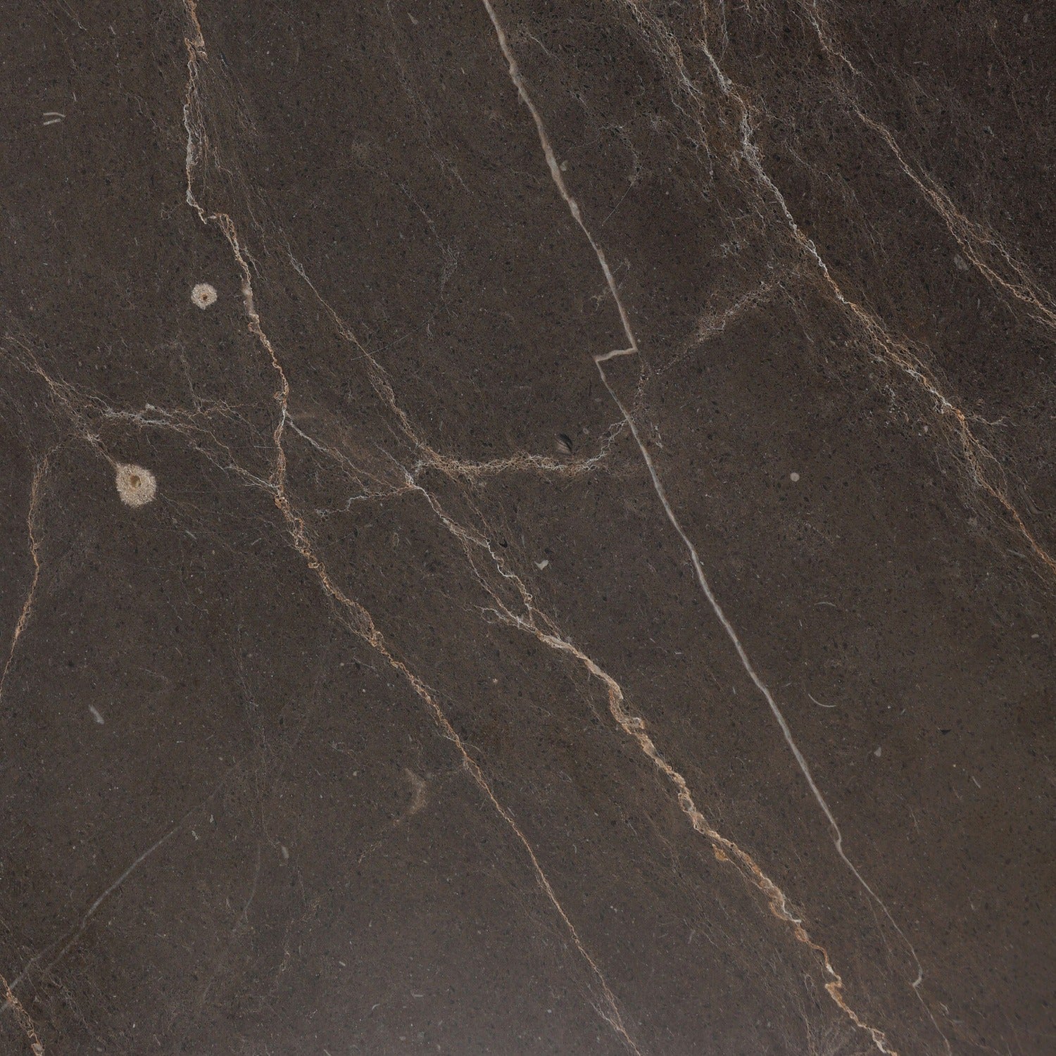 Four Hands Tovae Stained Saddle Brown Dresser with honed coffee marble top, close-up detail view 1