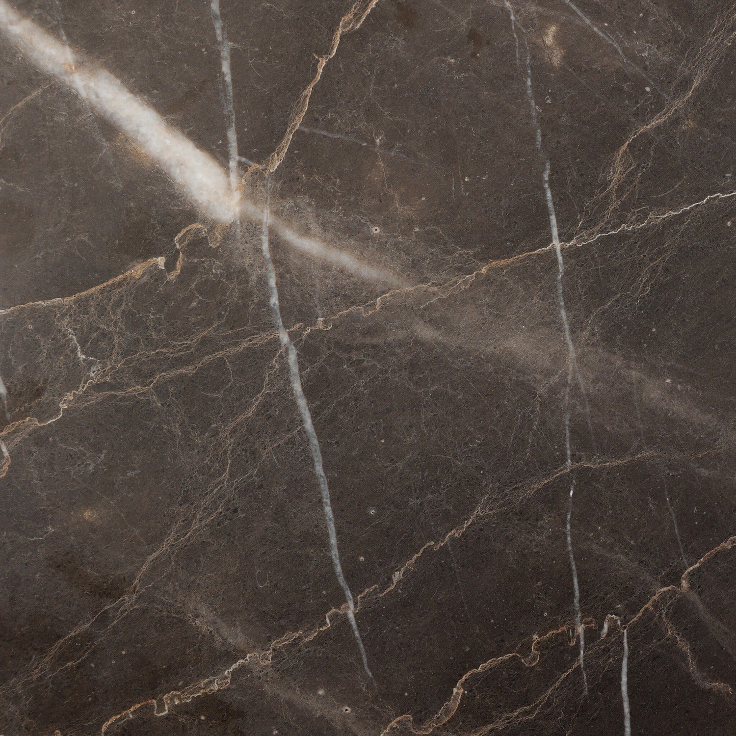 Four Hands Tovae Stained Saddle Brown Dresser with honed coffee marble top, close-up detail view 2