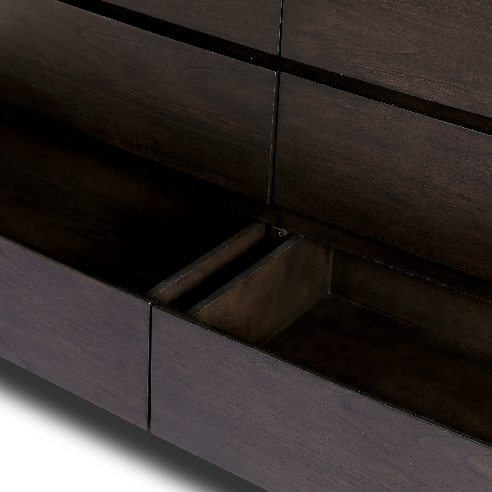 Four Hands Greer Smoked Black Sungkai 8 Drawer Dresser texture close-up