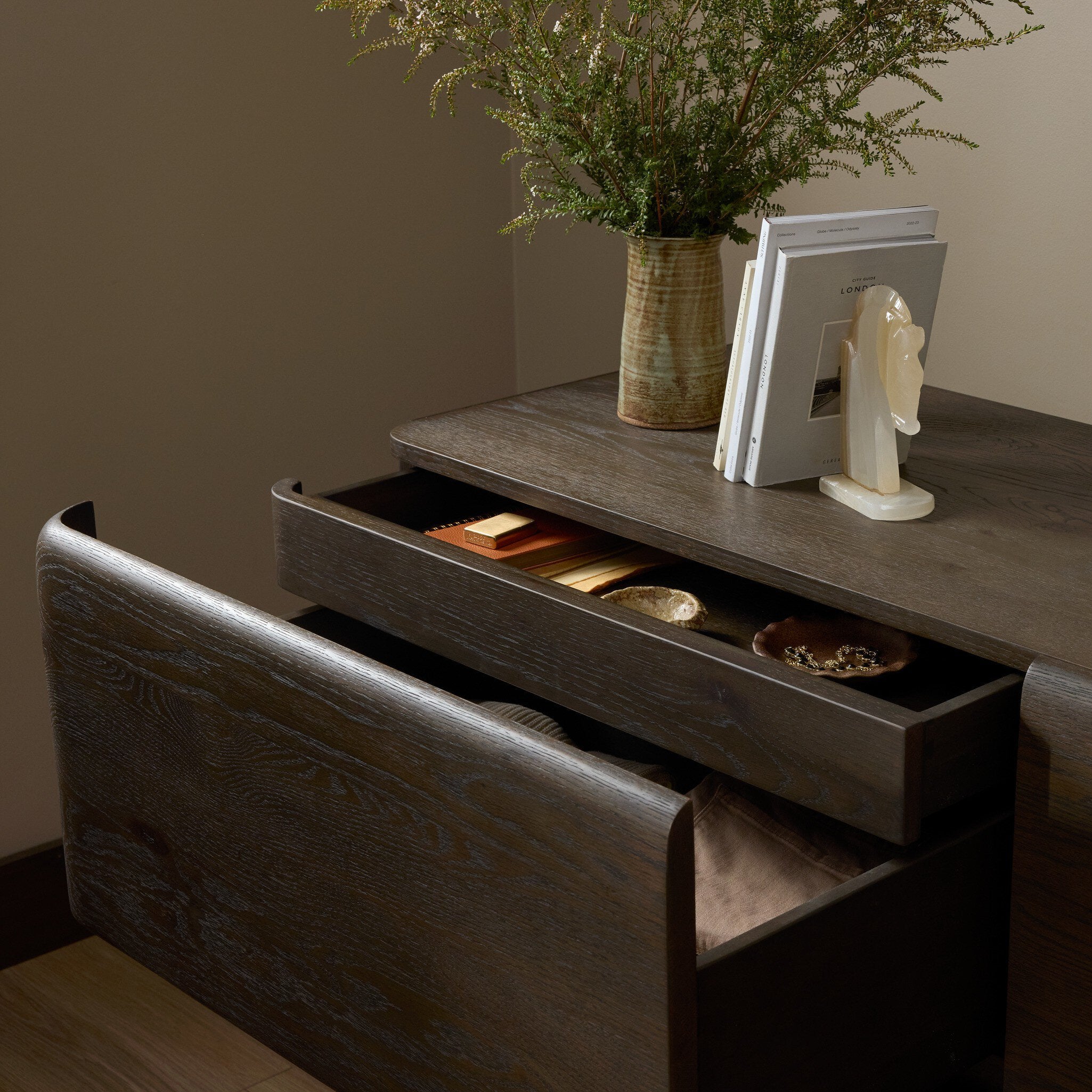 Four Hands Trona Tobacco Oak Dresser — hardware detail
