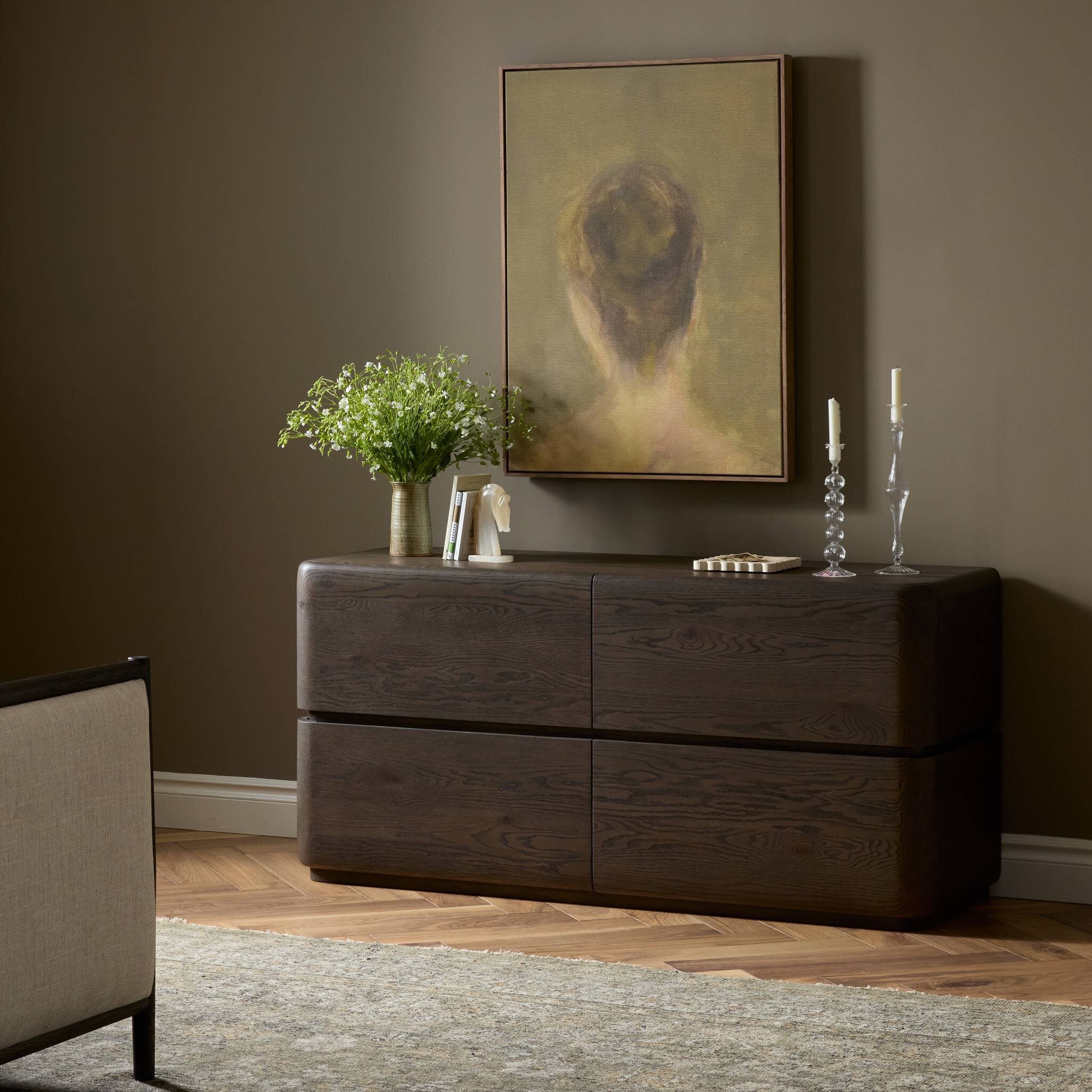Four Hands Trona Tobacco Oak Dresser — in a styled room setting