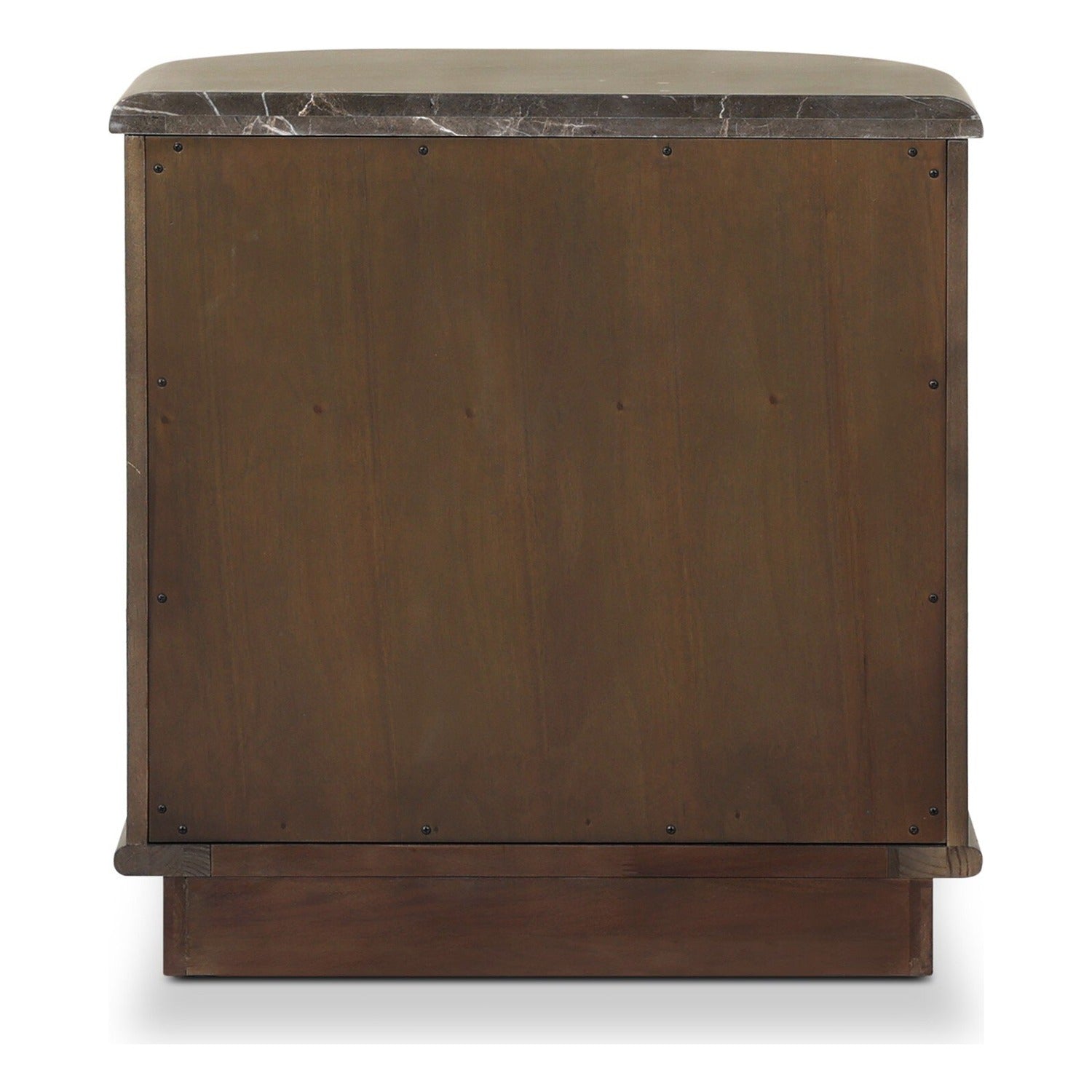 Four Hands Tovae Honed Coffee Marble Nightstand on saddle brown sungkai, back view