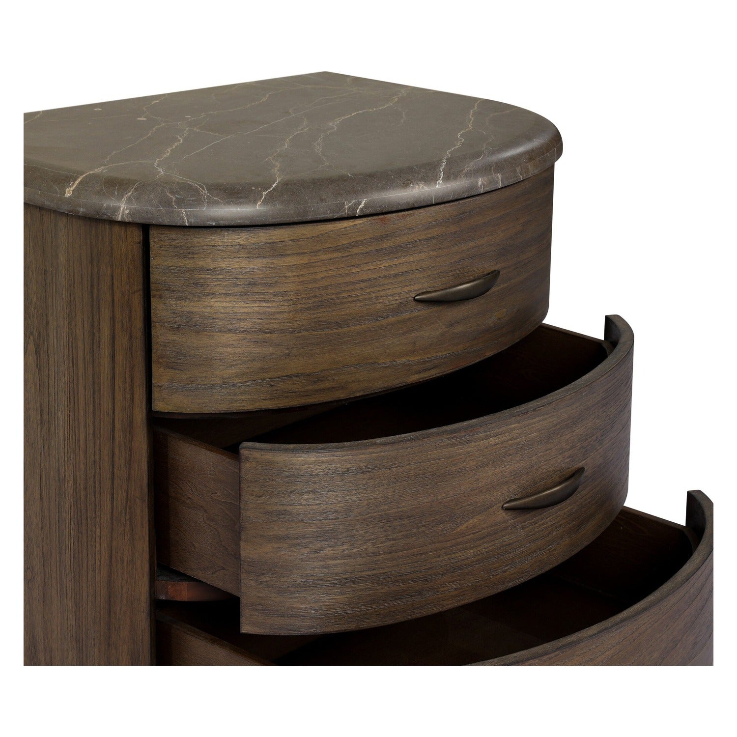 Four Hands Tovae Honed Coffee Marble Nightstand on saddle brown sungkai, close-up detail of marble top, view 1