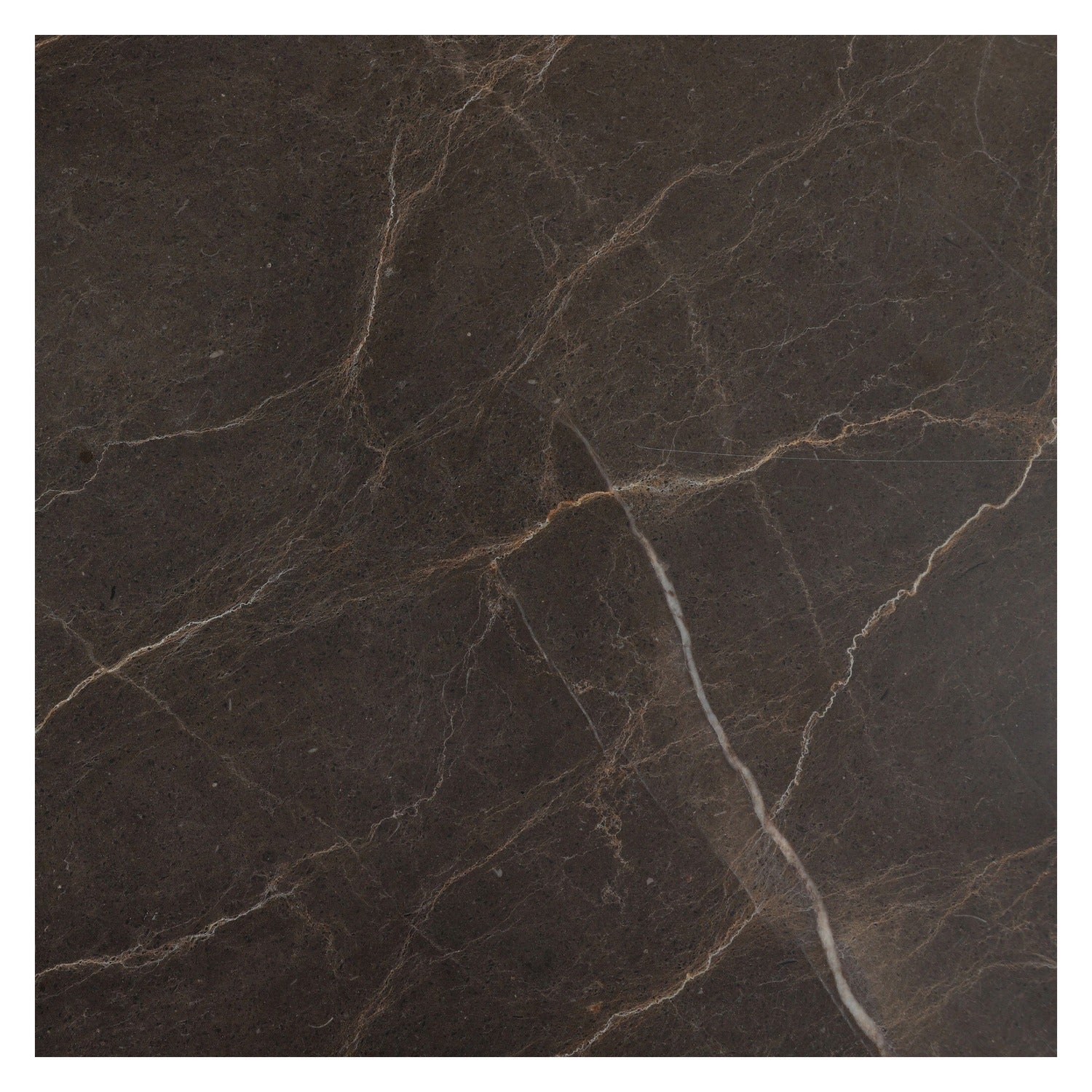 Four Hands Tovae Honed Coffee Marble Nightstand on saddle brown sungkai, close-up detail of sungkai grain, view 3