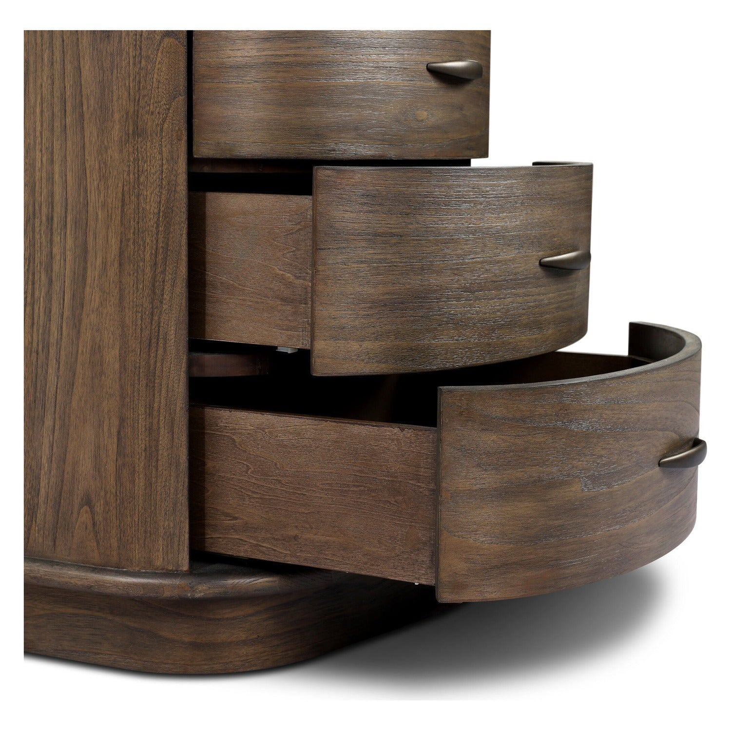 Four Hands Tovae Honed Coffee Marble Nightstand on saddle brown sungkai, close-up detail of aged brass hardware, view 1