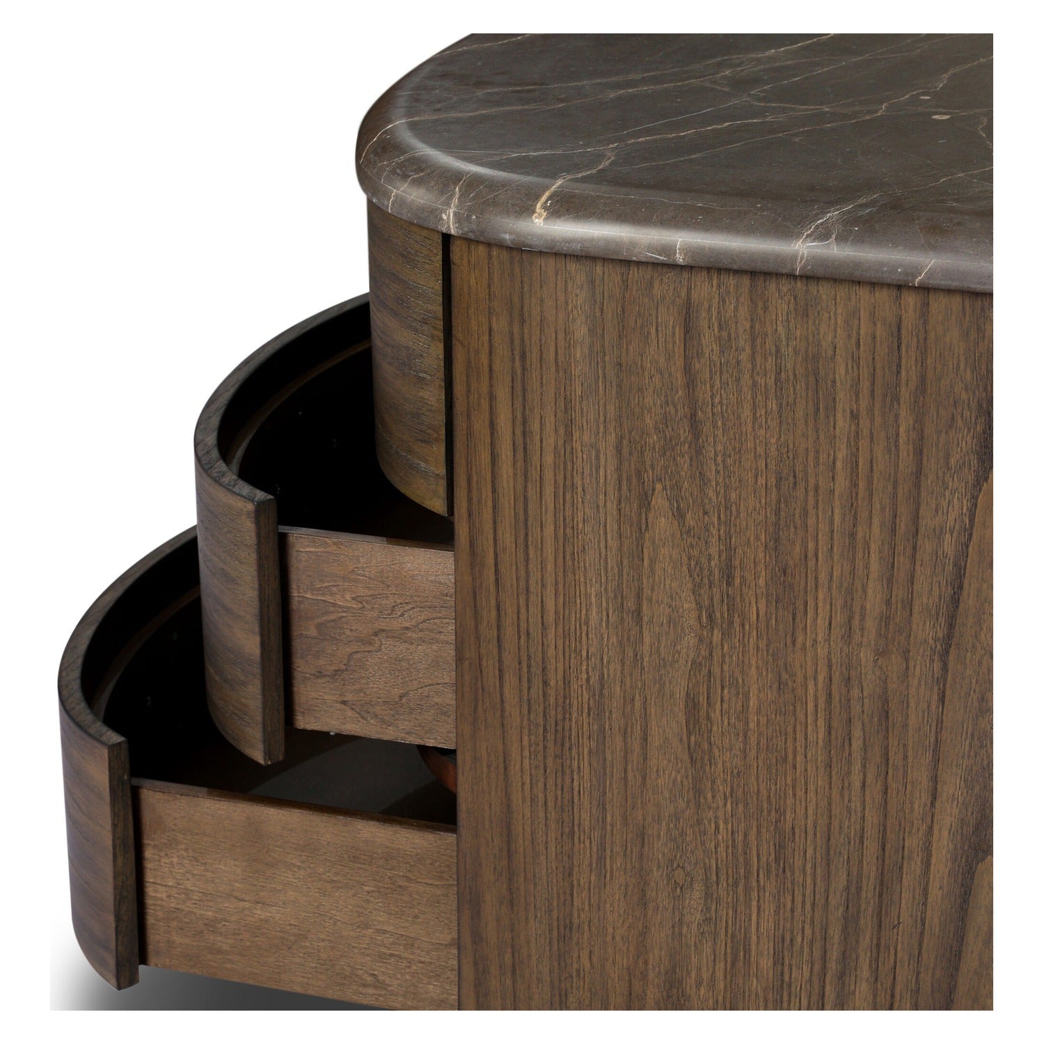 Four Hands Tovae Honed Coffee Marble Nightstand on saddle brown sungkai, close-up detail of aged brass hardware, view 2