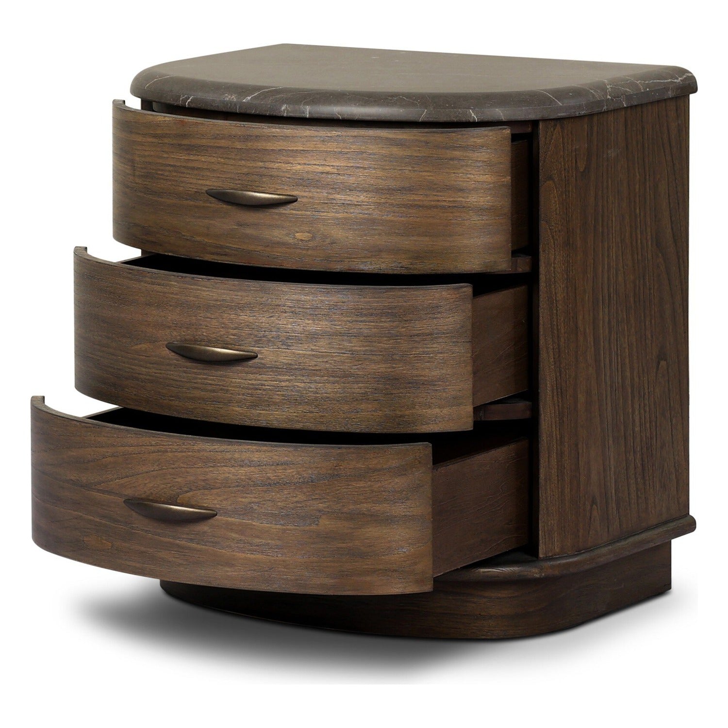Four Hands Tovae Honed Coffee Marble Nightstand on saddle brown sungkai, top drawer open view