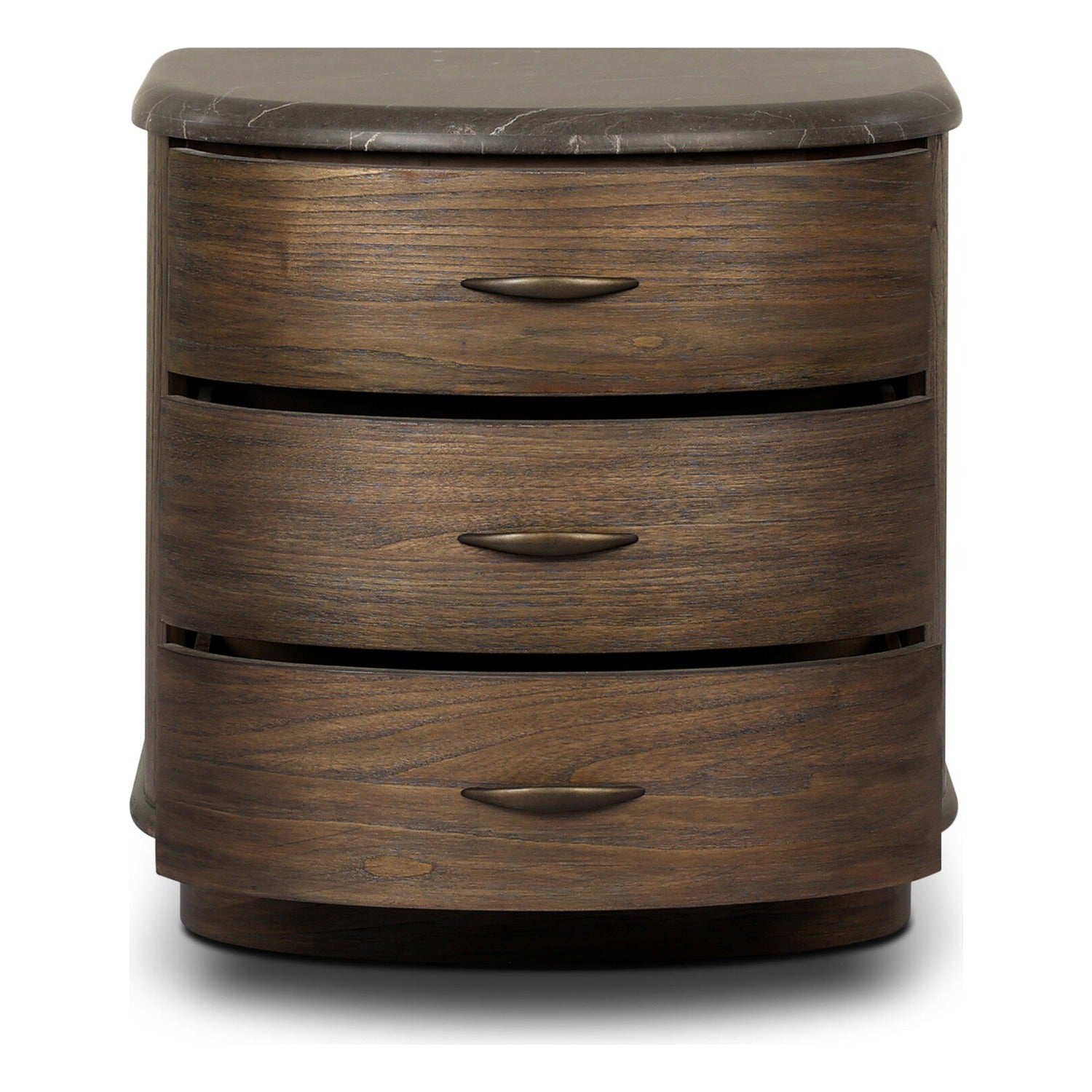 Four Hands Tovae Honed Coffee Marble Nightstand on saddle brown sungkai, bottom drawer open view