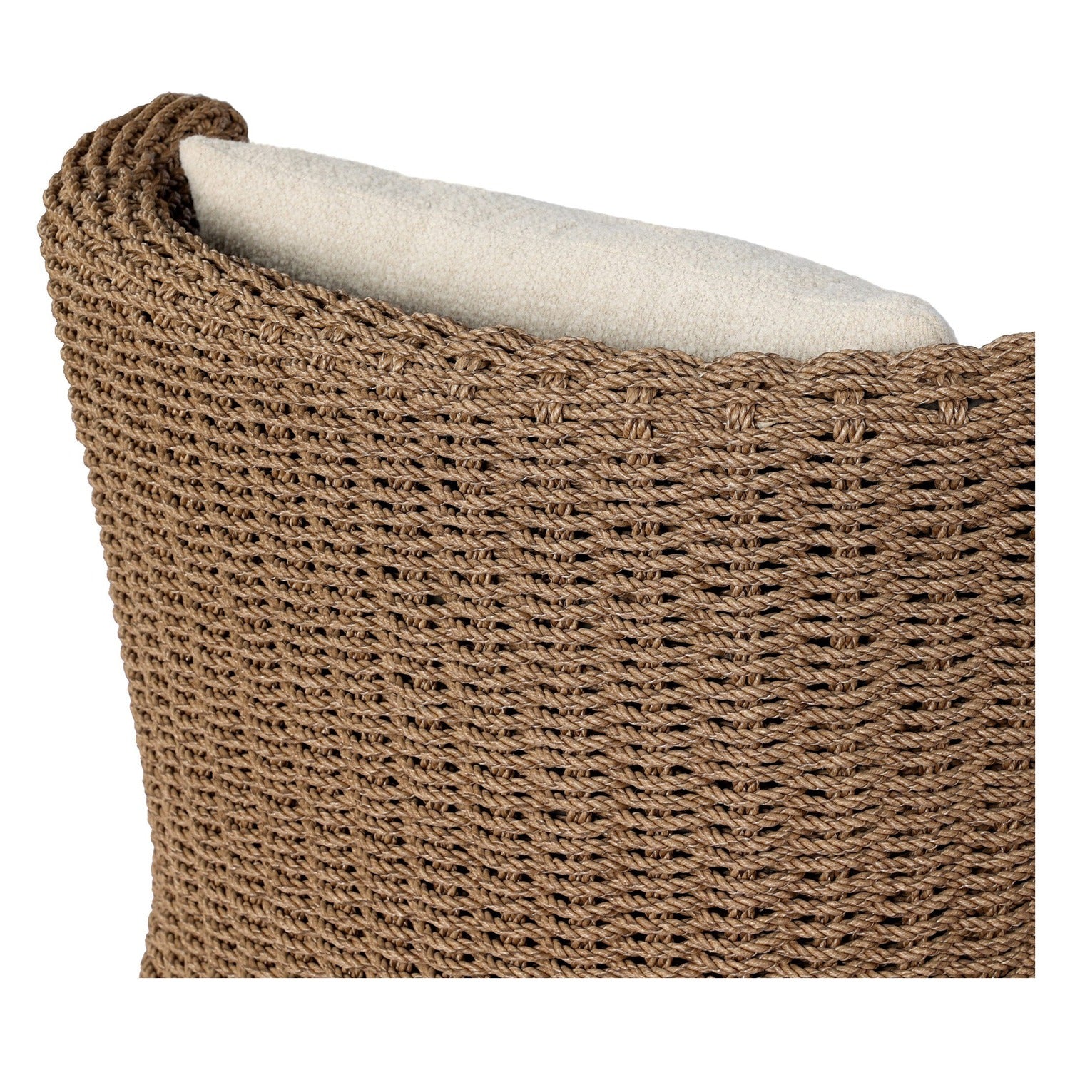 Four Hands Vaughn Vada Cream Outdoor Chair in double-twist woven umber with boucle cushion, close-up detail of boucle cushion, view 1