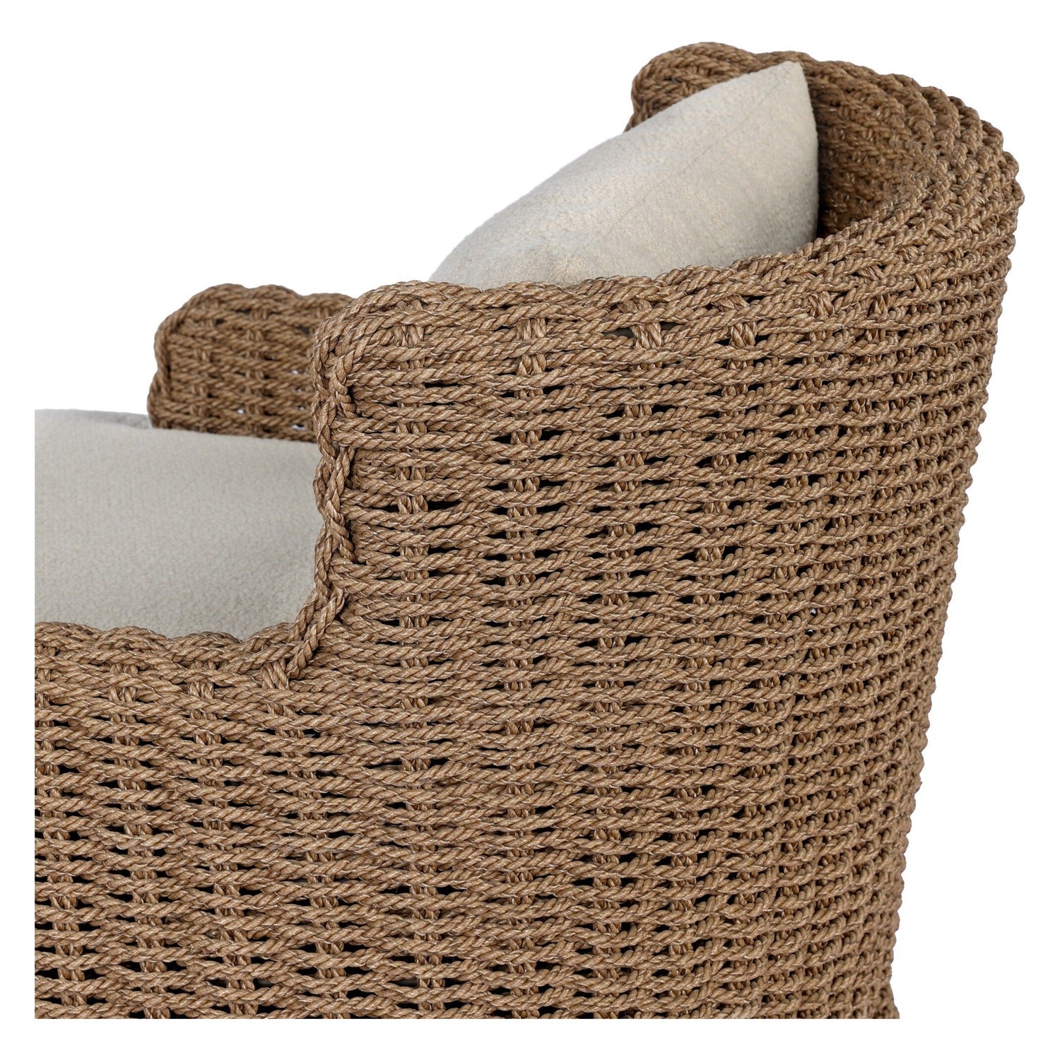 Four Hands Vaughn Vada Cream Outdoor Chair in double-twist woven umber with boucle cushion, close-up detail of woven texture, view 3