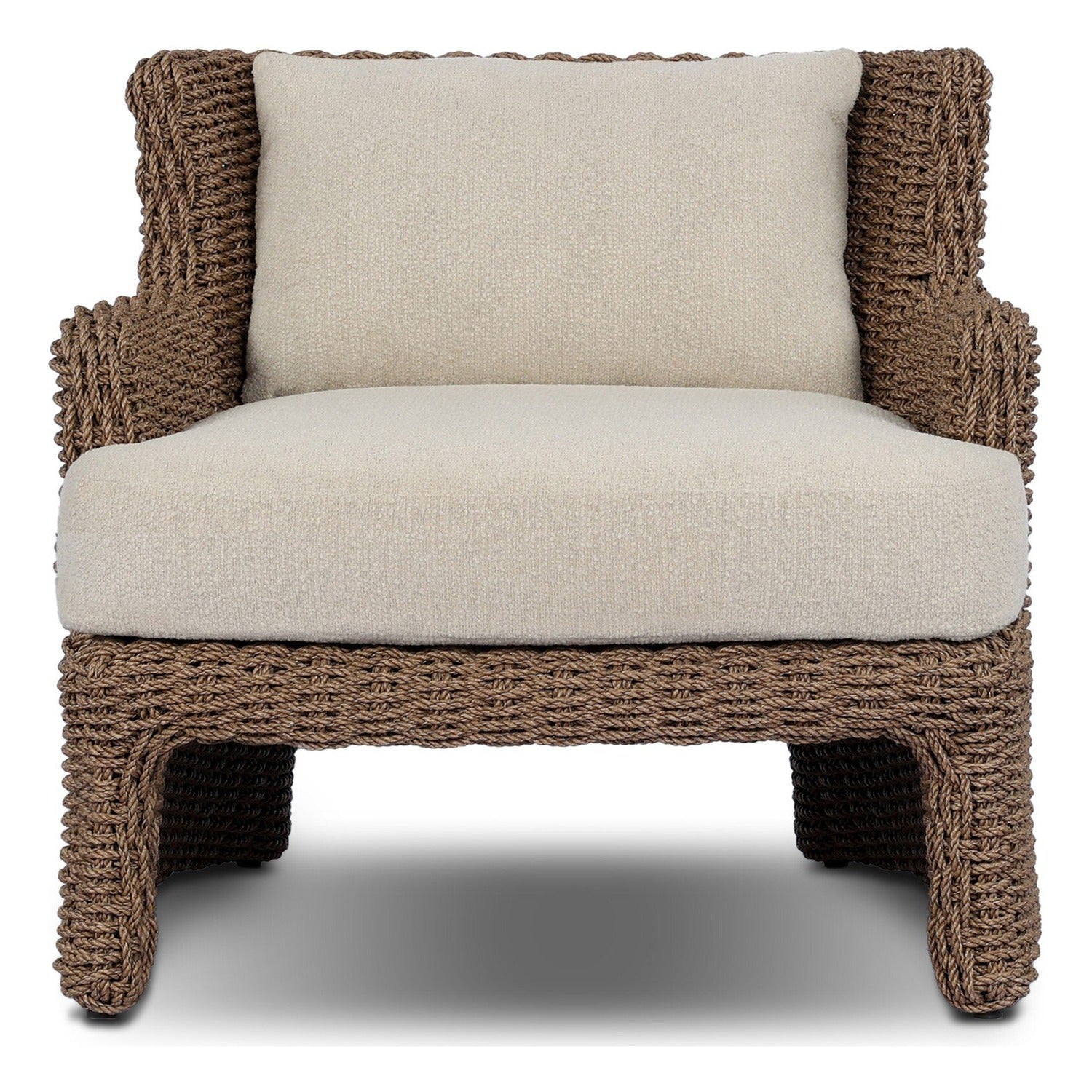 Four Hands Vaughn Vada Cream Outdoor Chair in double-twist woven umber with boucle cushion, front view