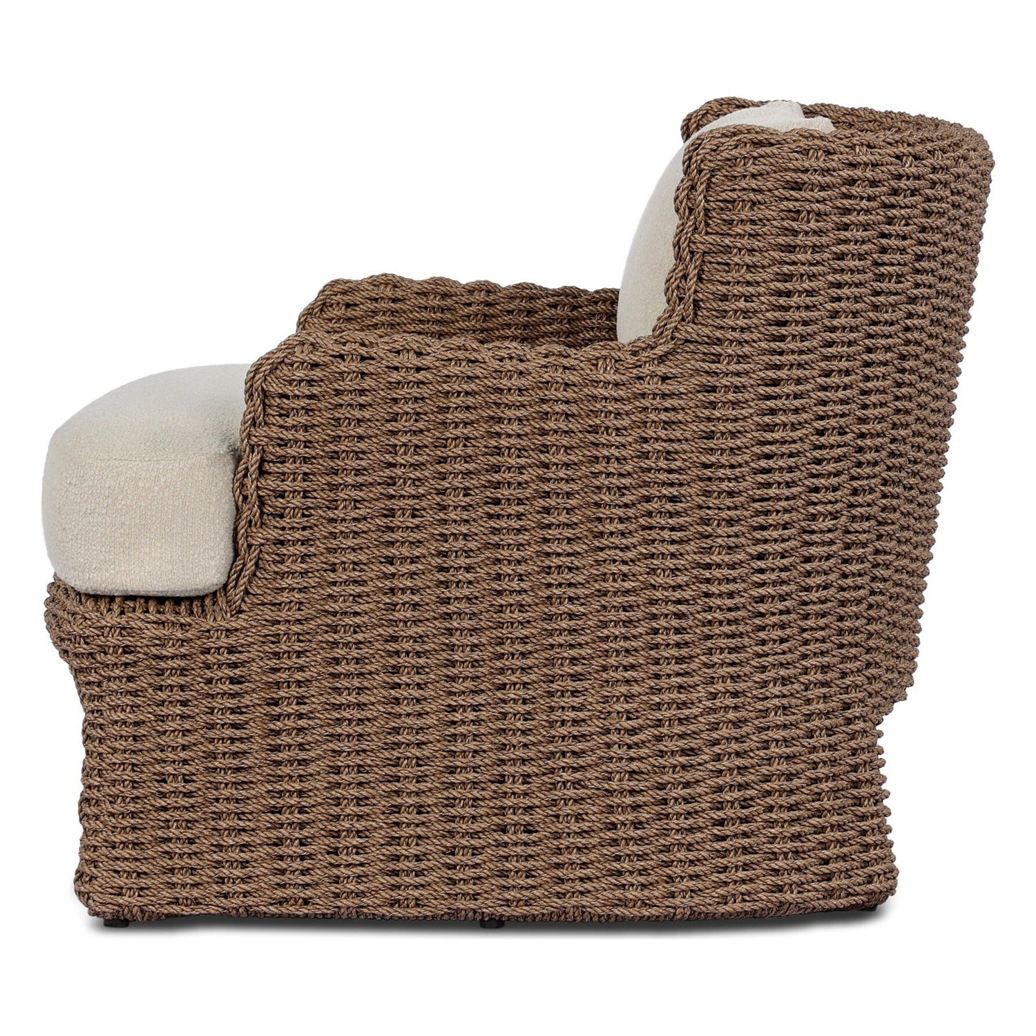 Four Hands Vaughn Vada Cream Outdoor Chair in double-twist woven umber with boucle cushion, side profile view