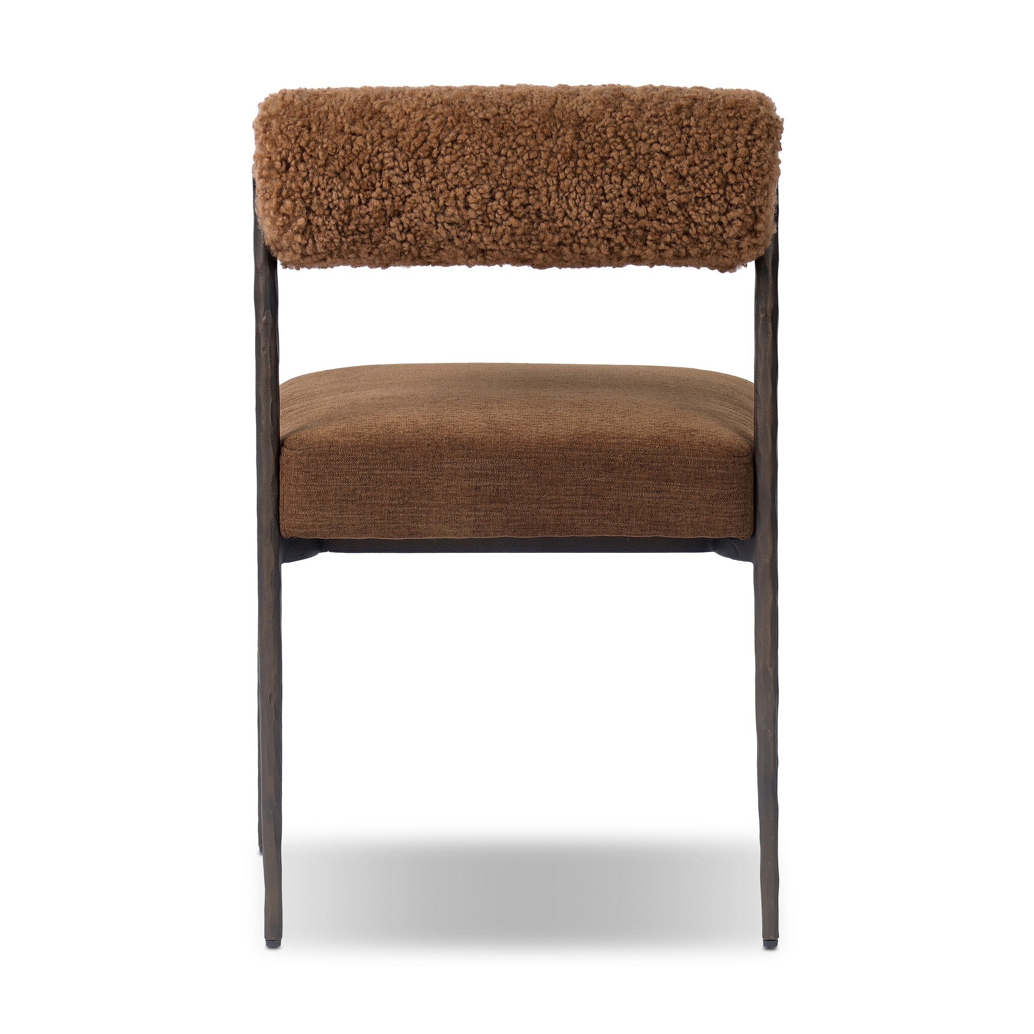 Four Hands Jazelle Laughlin Ochre Metal Dining Chair with amber shearling seat, back view showing iron frame