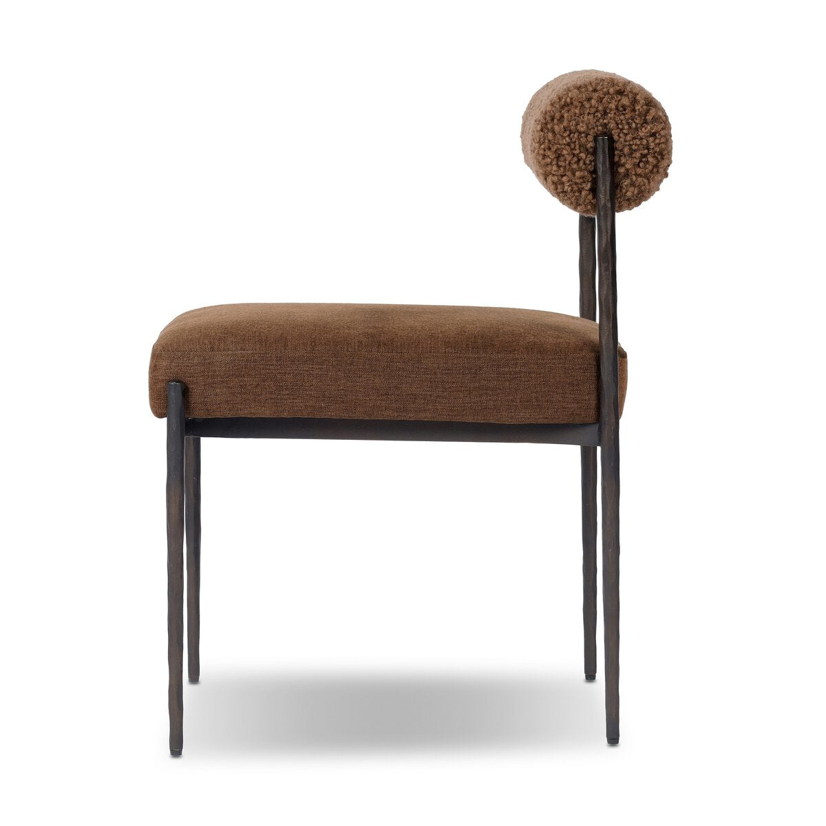 Four Hands Jazelle Laughlin Ochre Metal Dining Chair with amber shearling seat, side profile view