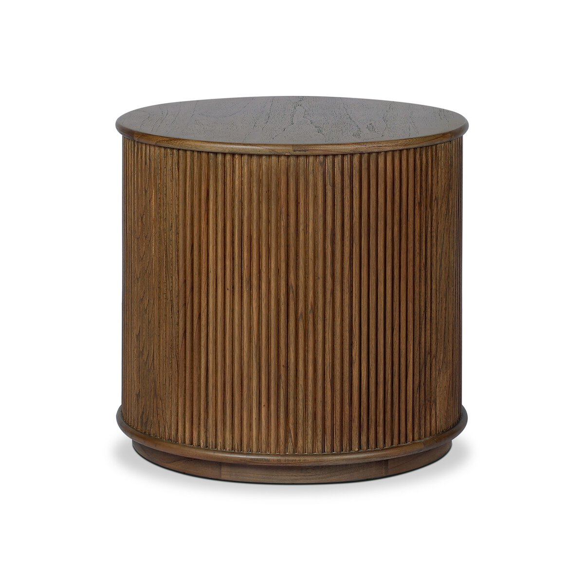 Four Hands Ona End Table in amber mindi veneer with carved reeding, side profile view
