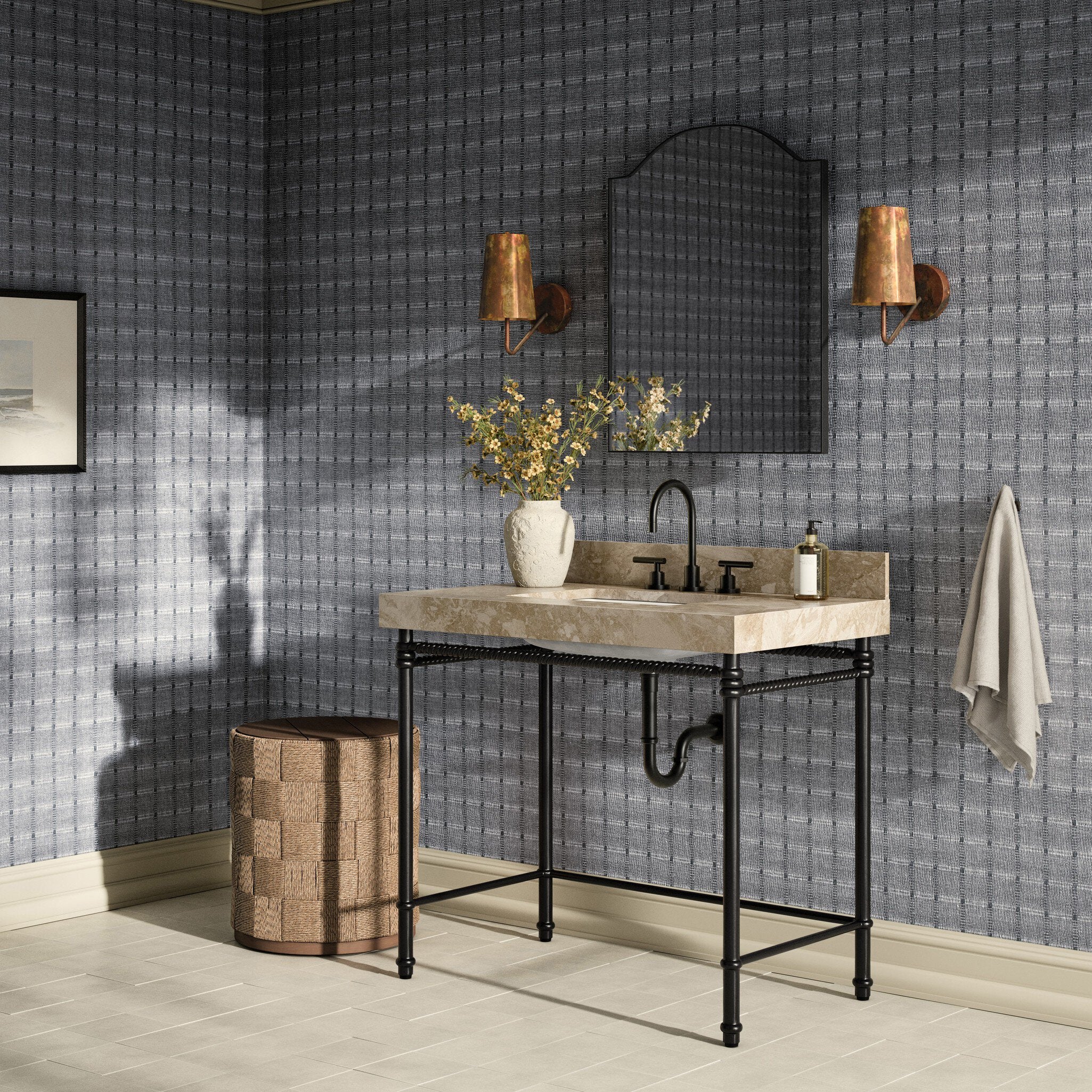 Four Hands Cassia Textured Dark Bronze Washstand — in a styled room setting