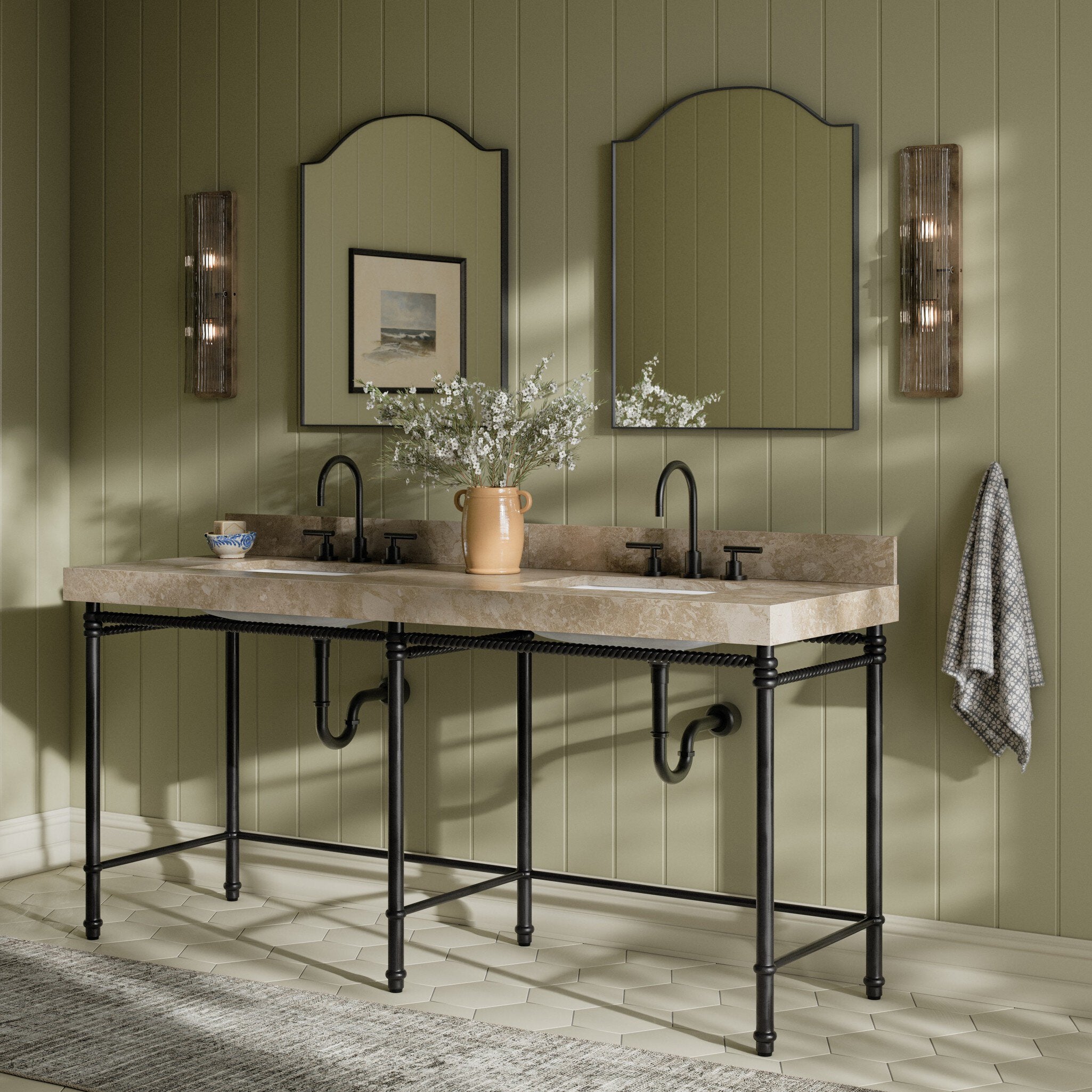 Four Hands Cassia Textured Dark Bronze Double Washstand — in a styled room setting