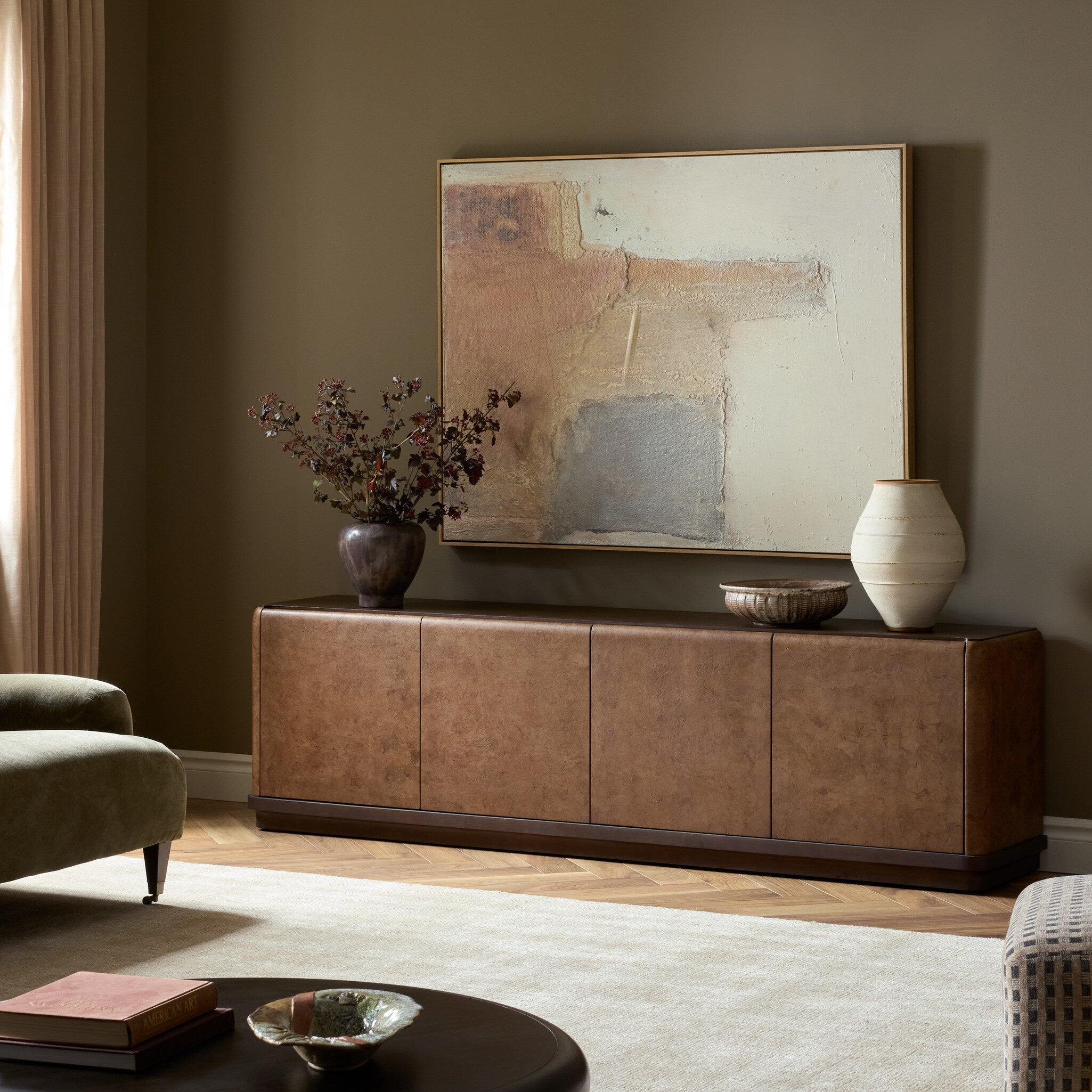 Four Hands Cambros Dark Bark Paper Media Console — in a styled room setting