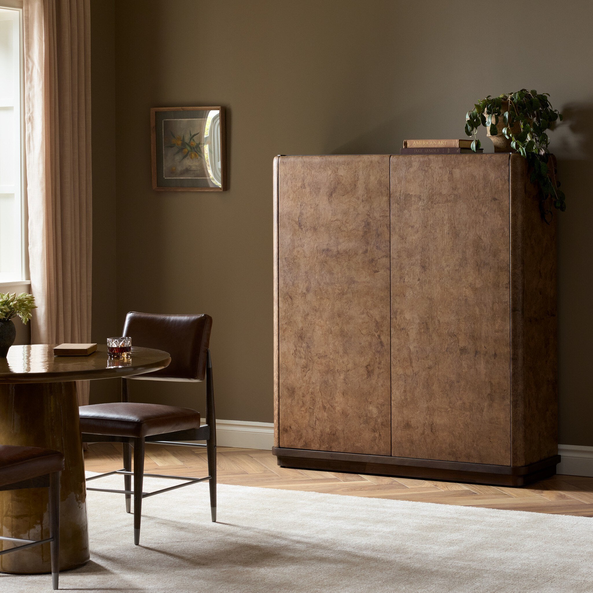 Four Hands Cambros Dark Bark Paper Cabinet — in a styled room setting