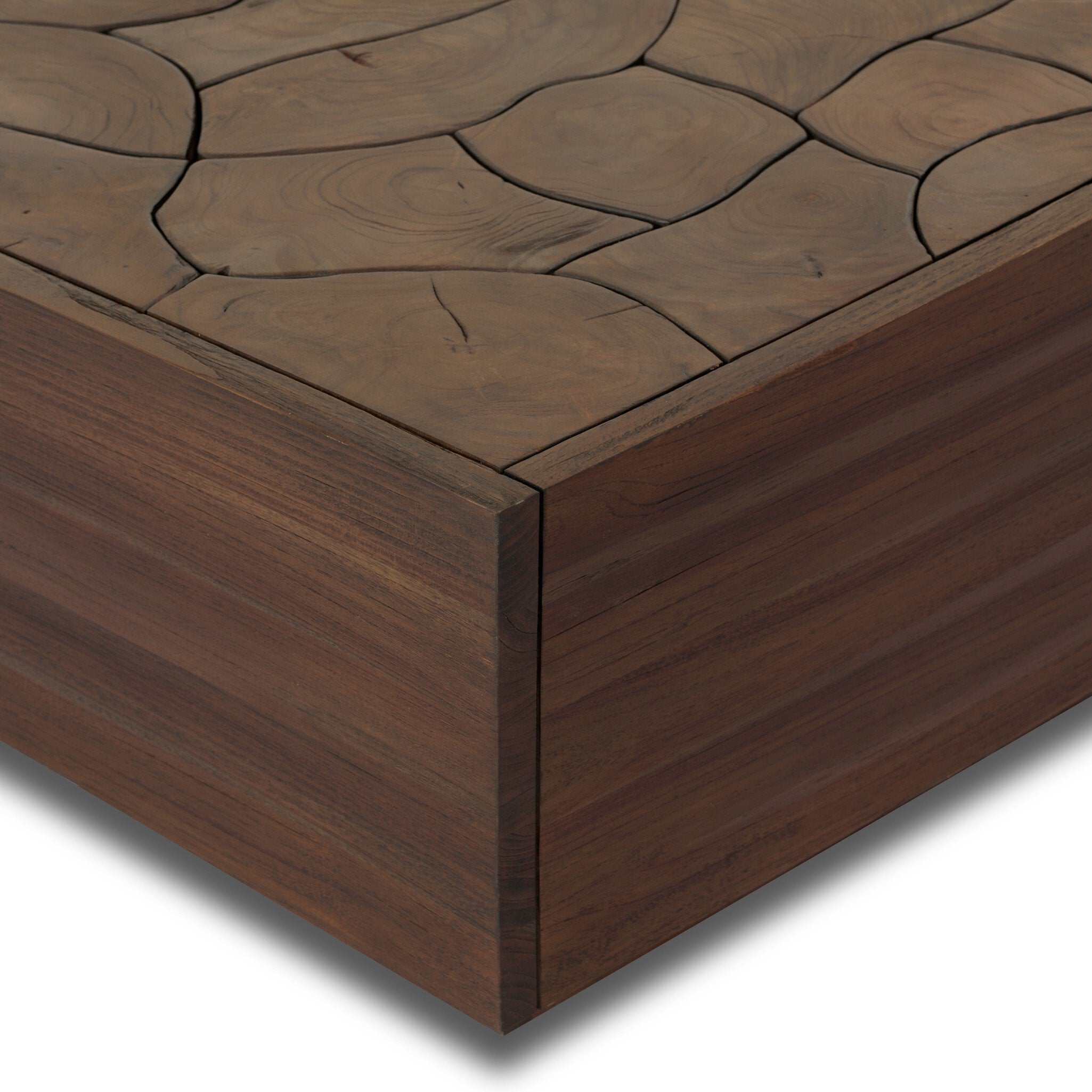 Four Hands Ridge Rectangular Outdoor Coffee Table in teak root mosaic, close-up detail of teak root, view 2