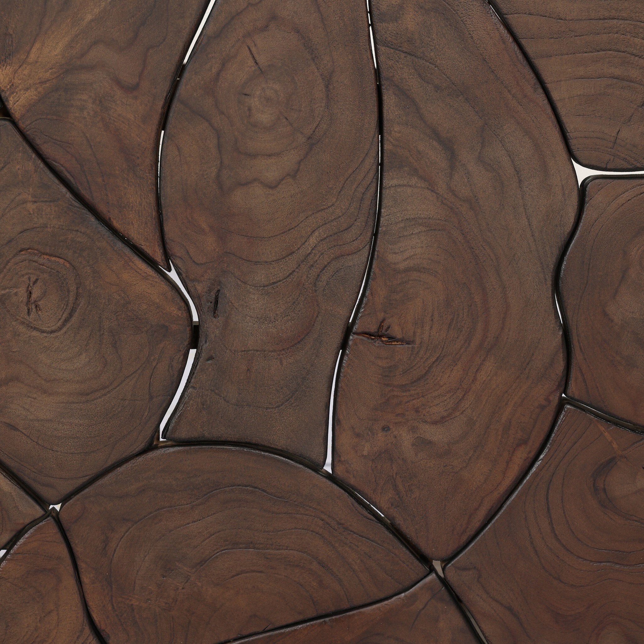 Four Hands Ridge Rectangular Outdoor Coffee Table in teak root mosaic, close-up detail of teak root, view 6
