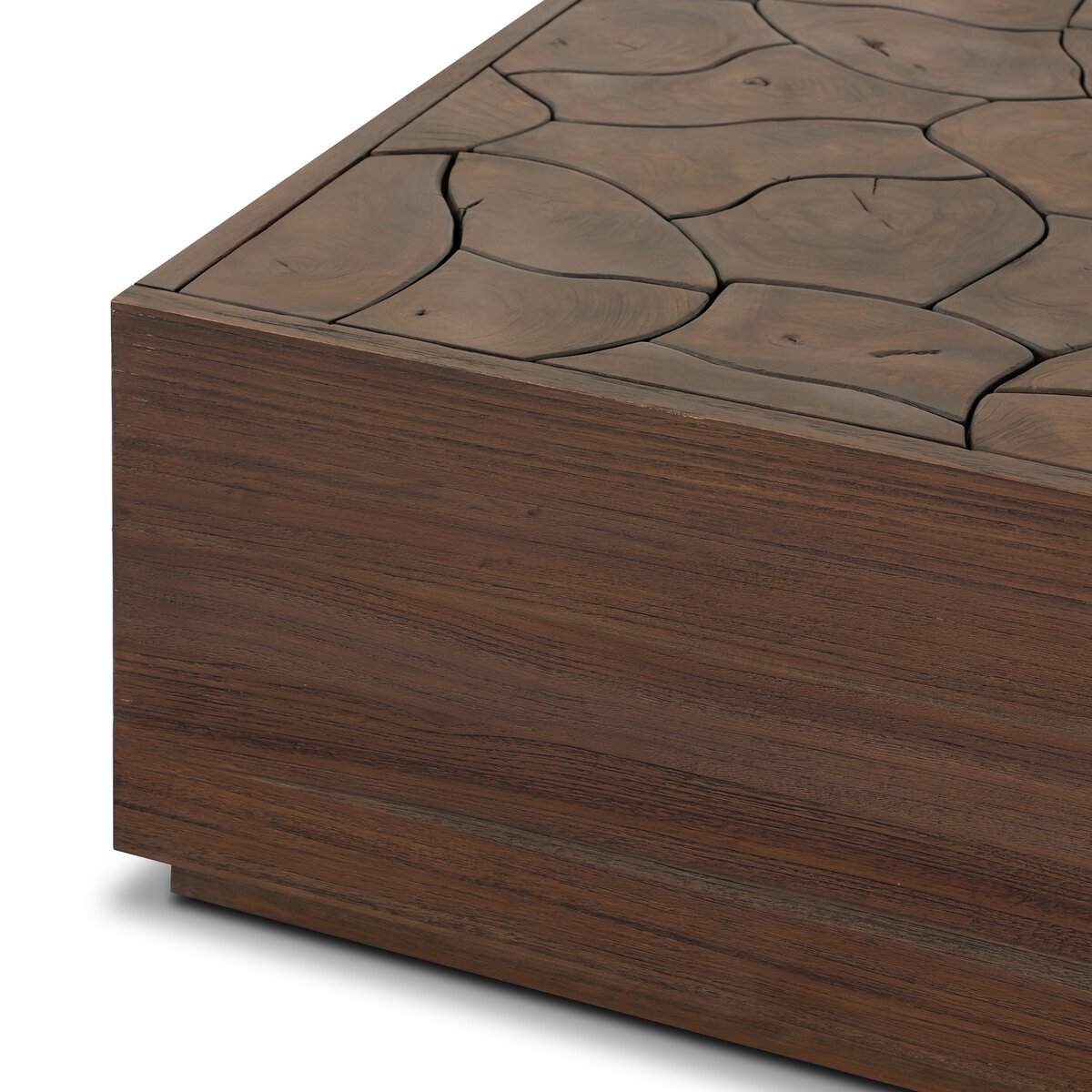 Four Hands Ridge Rectangular Outdoor Coffee Table in teak root mosaic, close-up detail of teak root, view 3