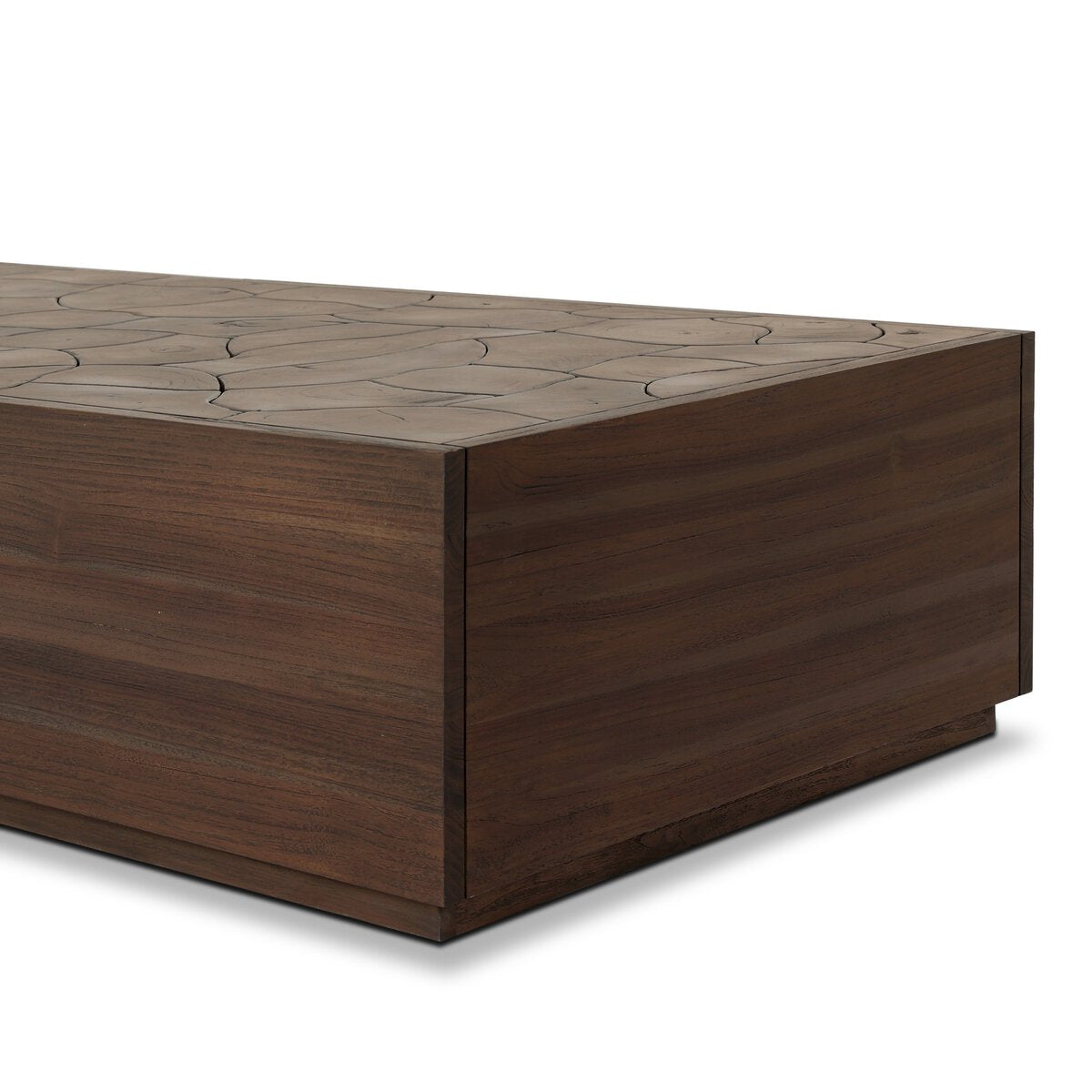 Four Hands Ridge Rectangular Outdoor Coffee Table in teak root mosaic, close-up detail of teak root, view 1