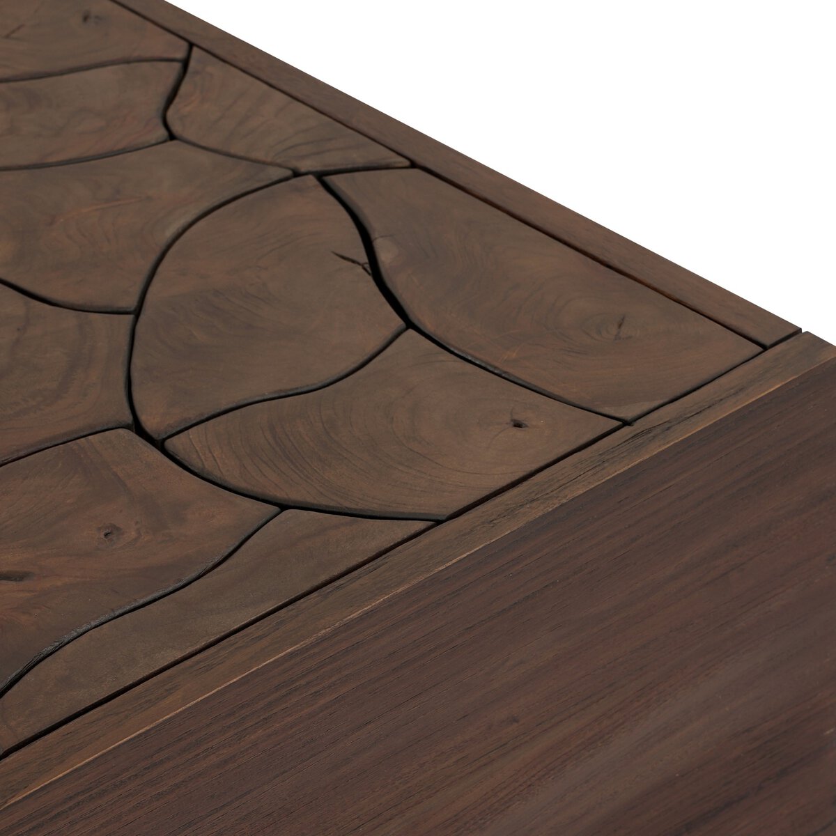 Four Hands Ridge Rectangular Outdoor Coffee Table in teak root mosaic, close-up detail of teak root, view 5