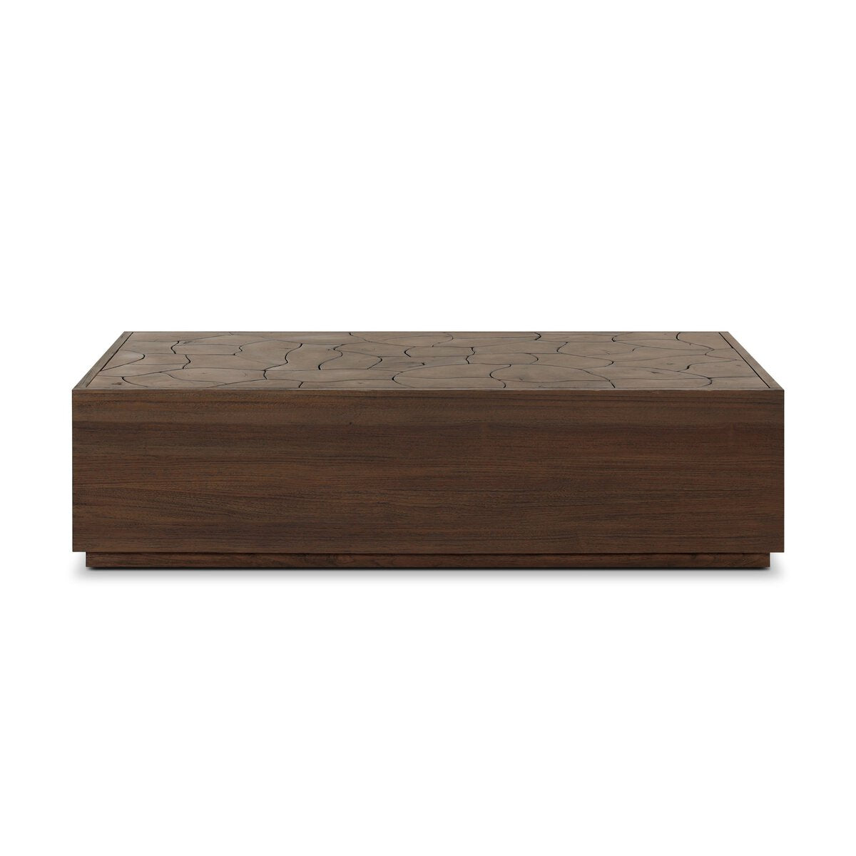 Four Hands Ridge Rectangular Outdoor Coffee Table in teak root mosaic, front view