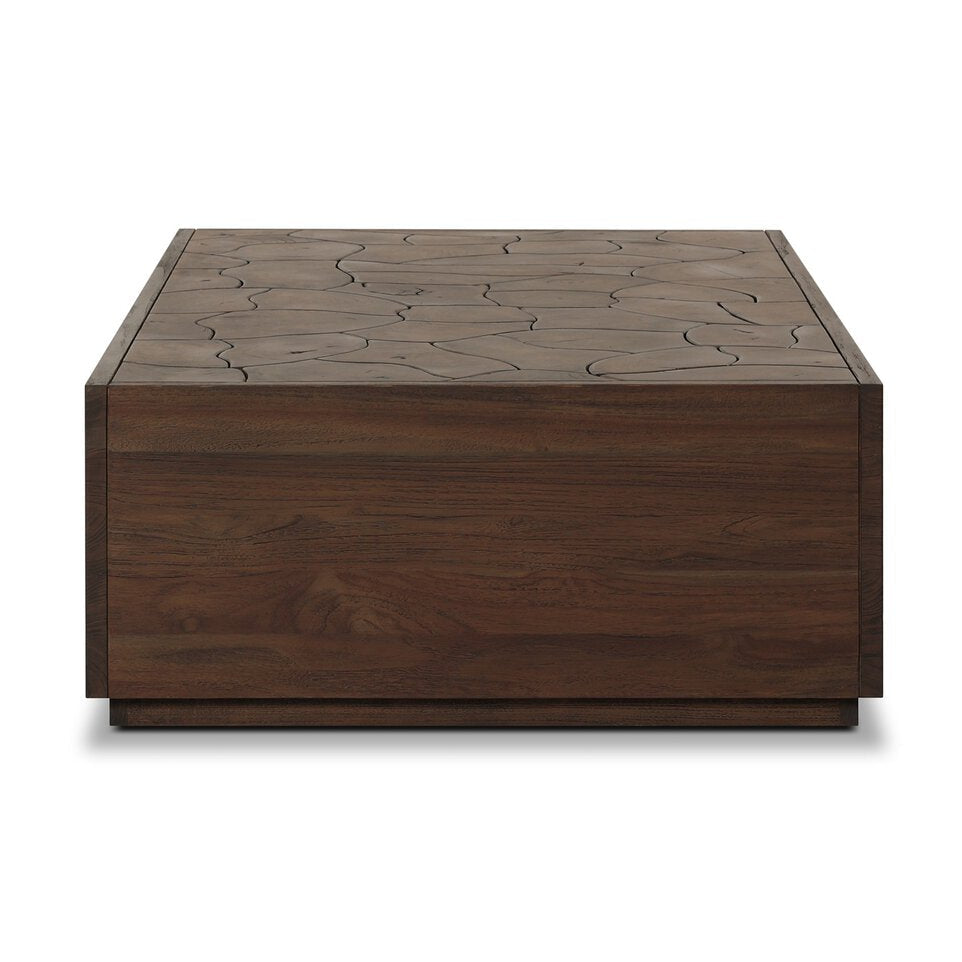 Four Hands Ridge Rectangular Outdoor Coffee Table in teak root mosaic, side profile view