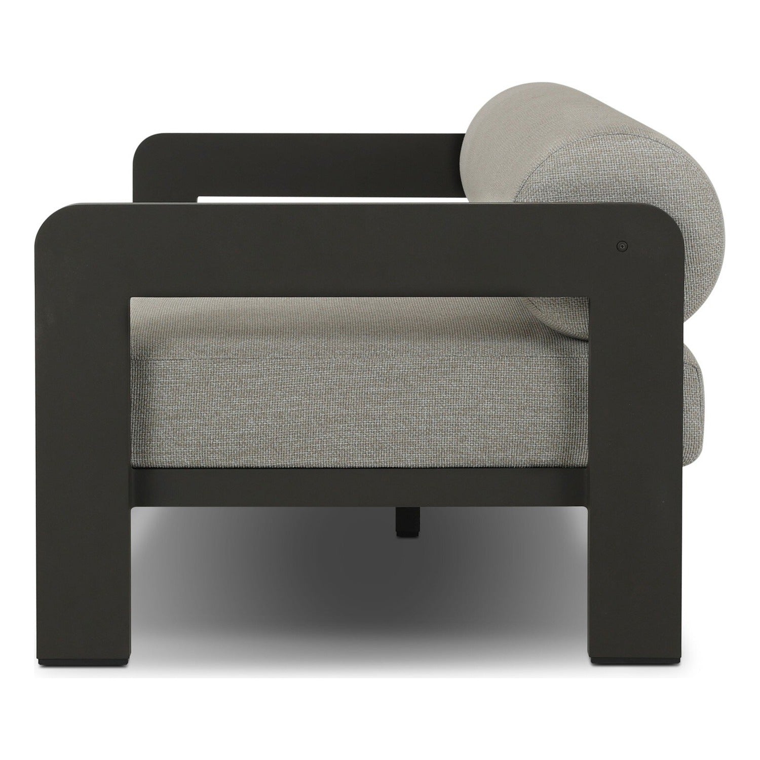 Four Hands Tatiana Ramiro Ecru 86in Outdoor Sofa on bronze aluminum frame, side profile view