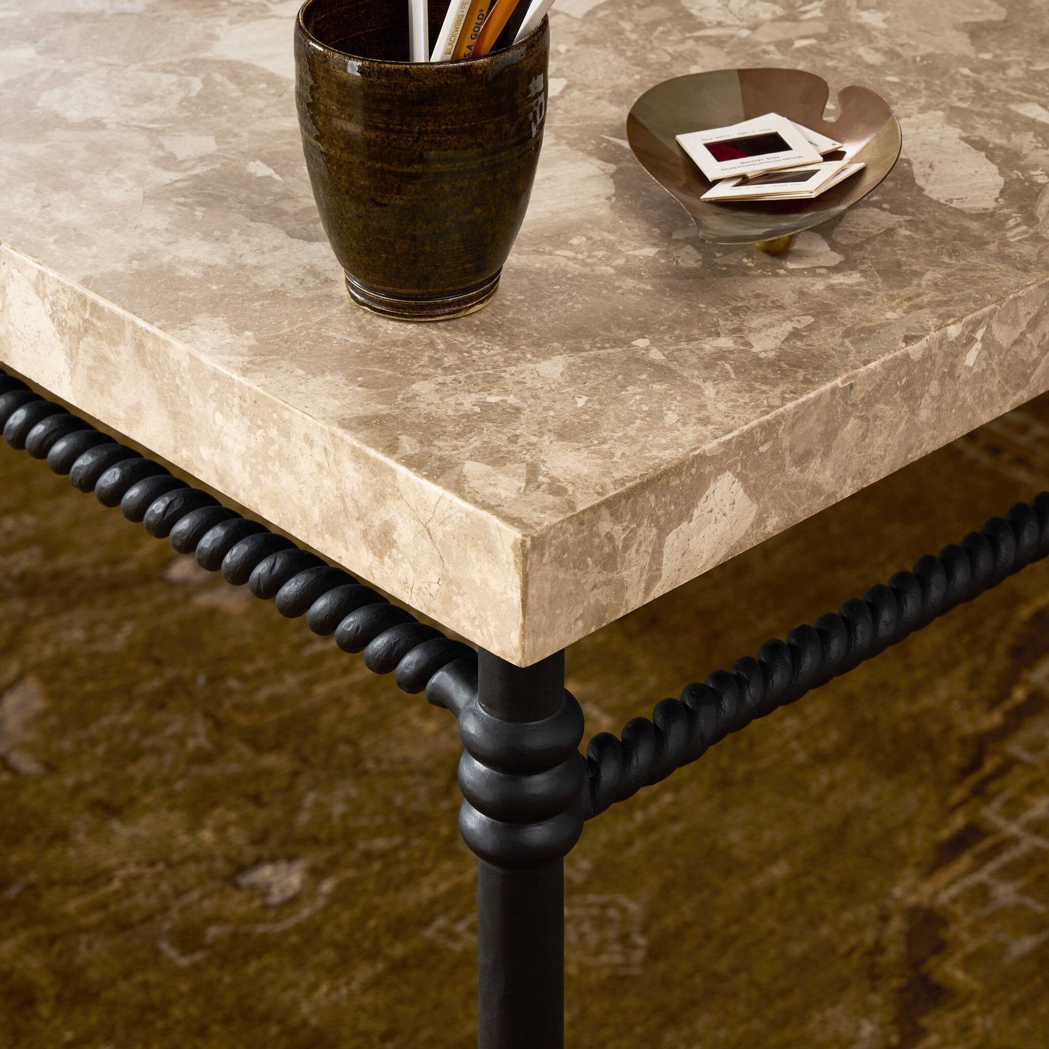Four Hands Cassia Textured Dark Bronze Desk — hardware and joinery