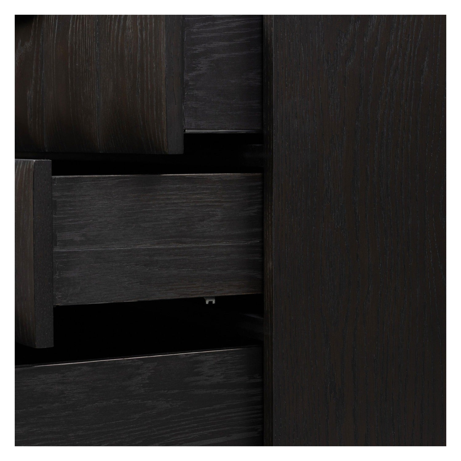 Four Hands Swell Dry Black Oak Nightstand with CNC-carved grid on pedestal base, close-up detail of grid carving, view 5