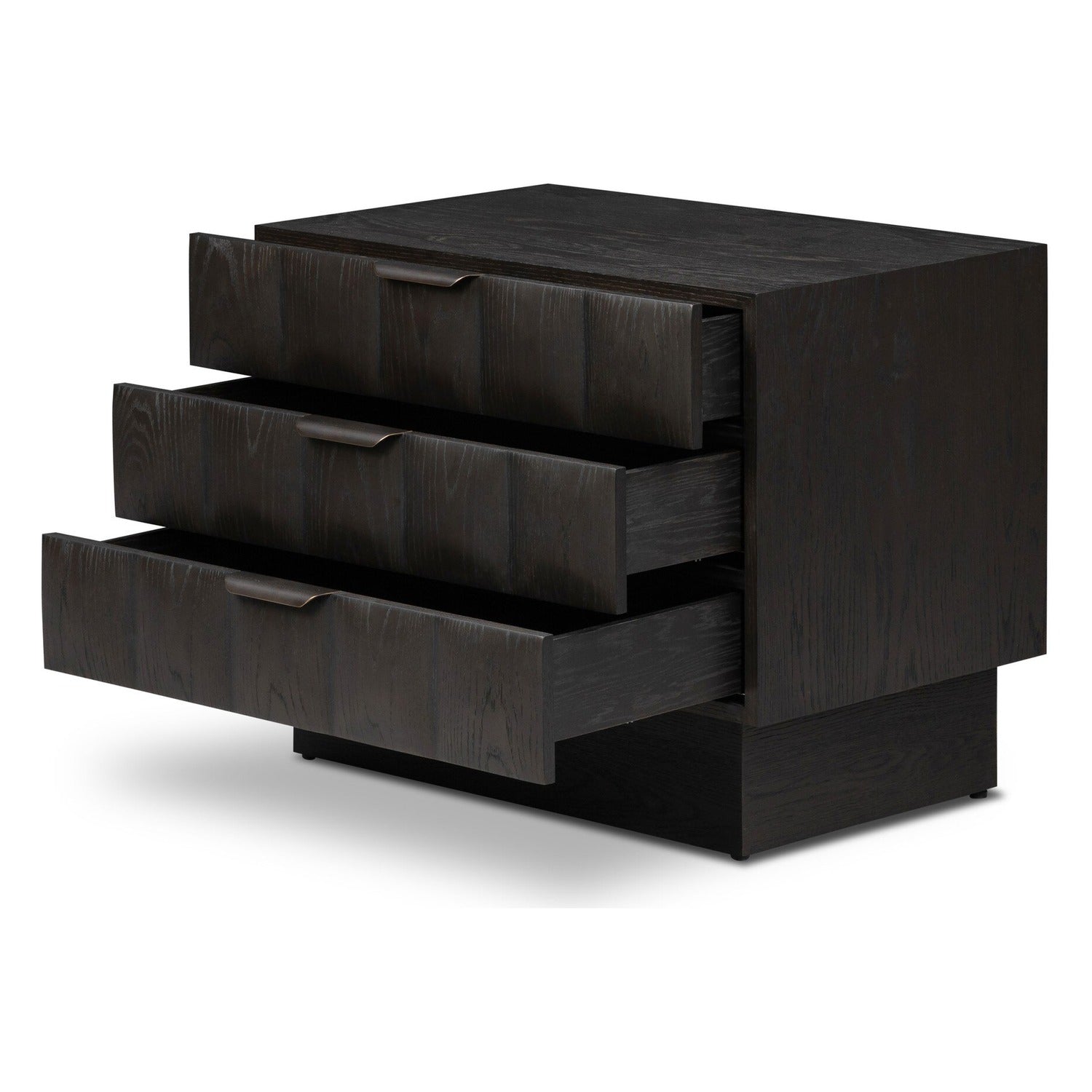 Four Hands Swell Dry Black Oak Nightstand with CNC-carved grid on pedestal base, drawer open view