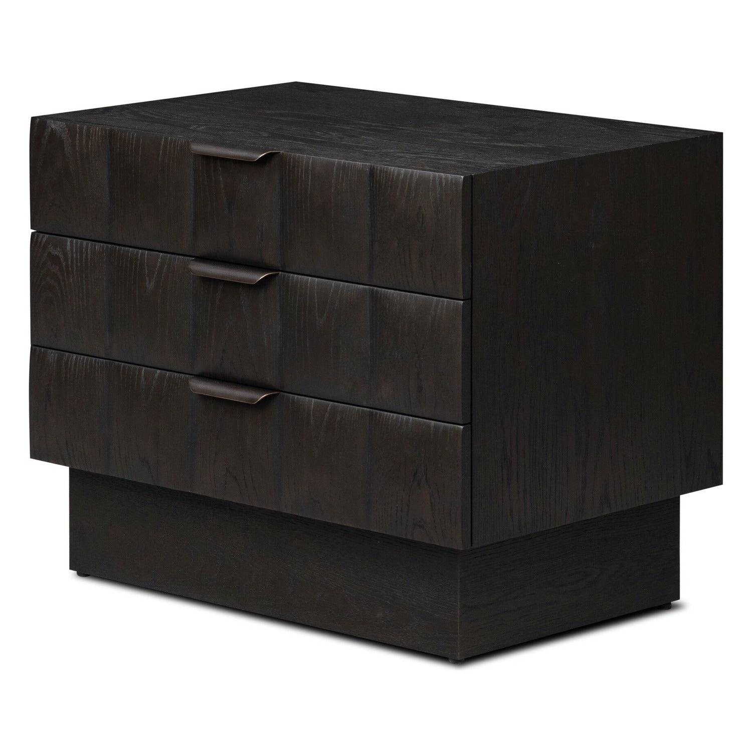 Four Hands Swell Dry Black Oak Nightstand with CNC-carved grid on pedestal base, primary product view