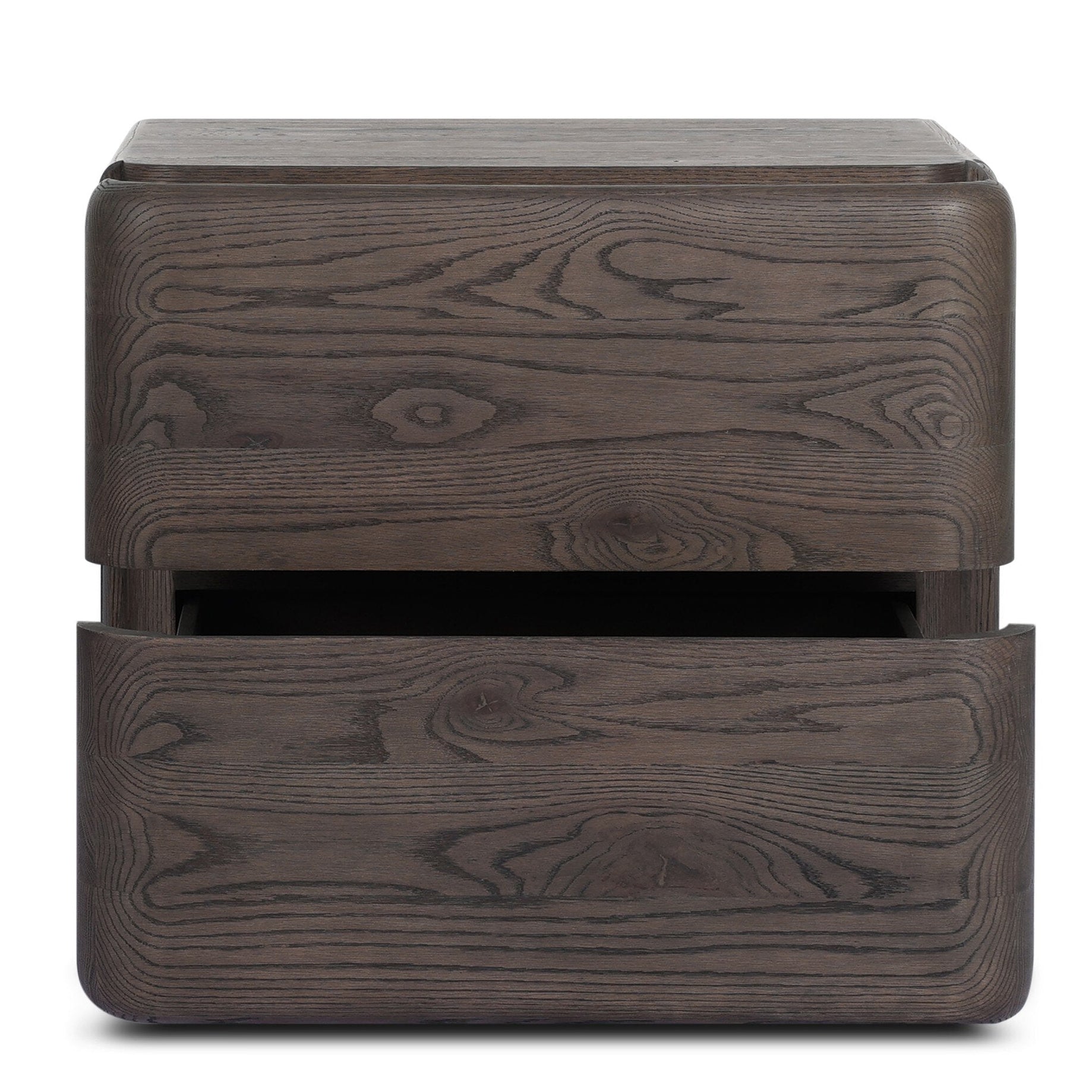 Four Hands Trona Tobacco Oak Nightstand shown open, surface texture