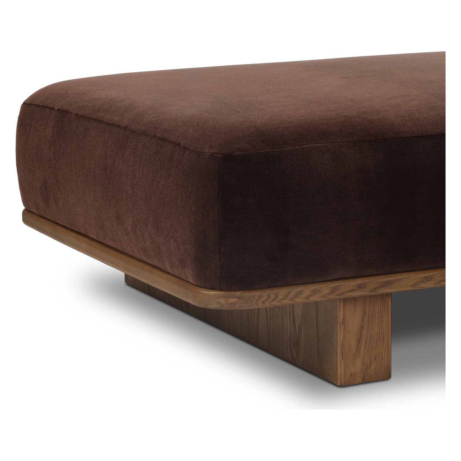 Four Hands Teia Monte Chocolate Chaise with wool-leather mix on drifted ash ski legs, close-up detail of leather bolster