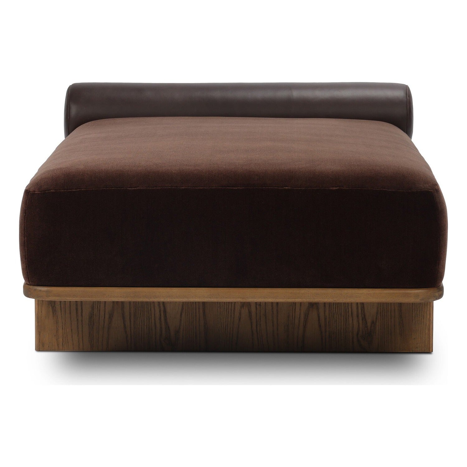 Four Hands Teia Monte Chocolate Chaise with wool-leather mix on drifted ash ski legs, front view